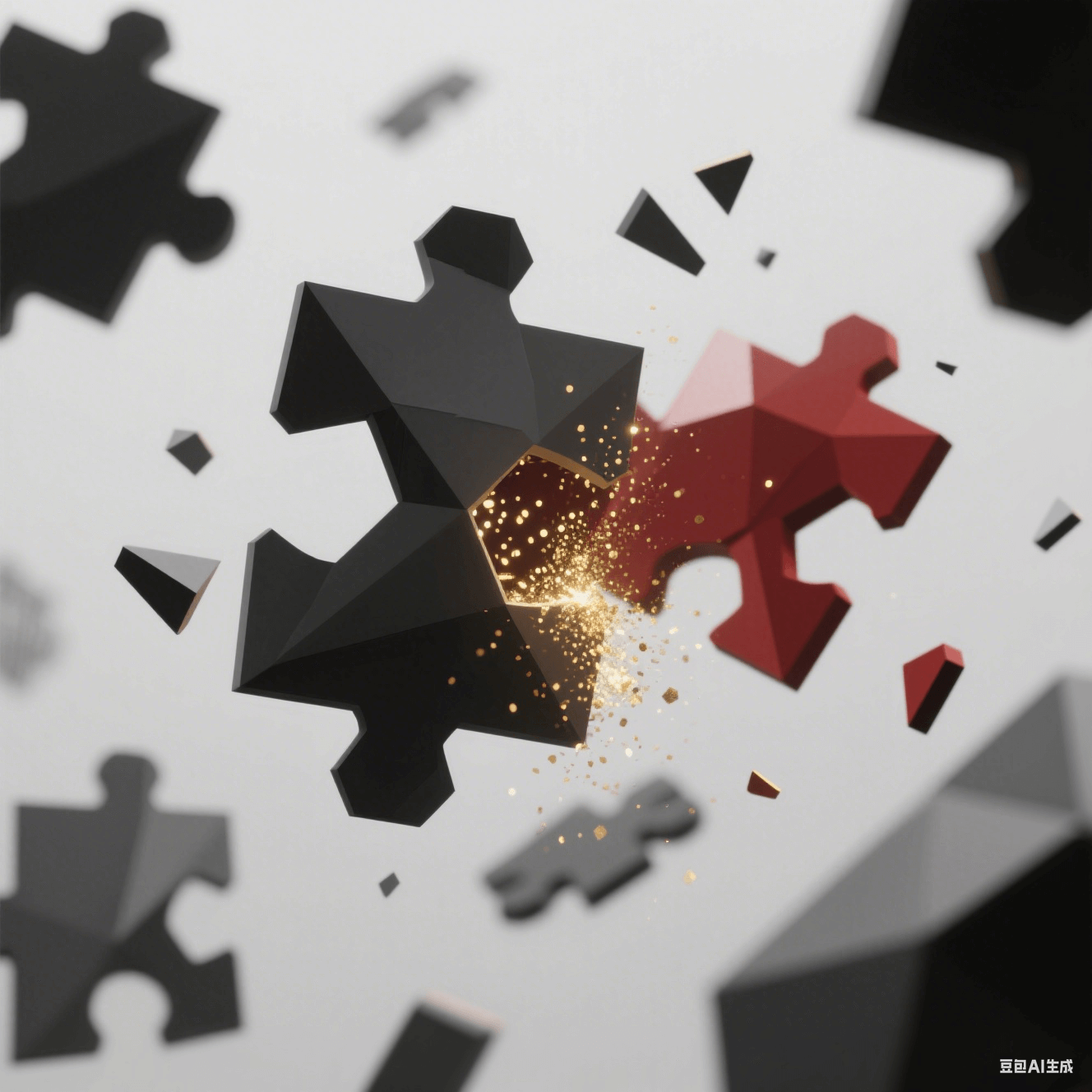 拼圖碎片懸浮空中，日系灰黑拼塊與中式朱紅拼塊碰撞，迸發(fā)金色粒子