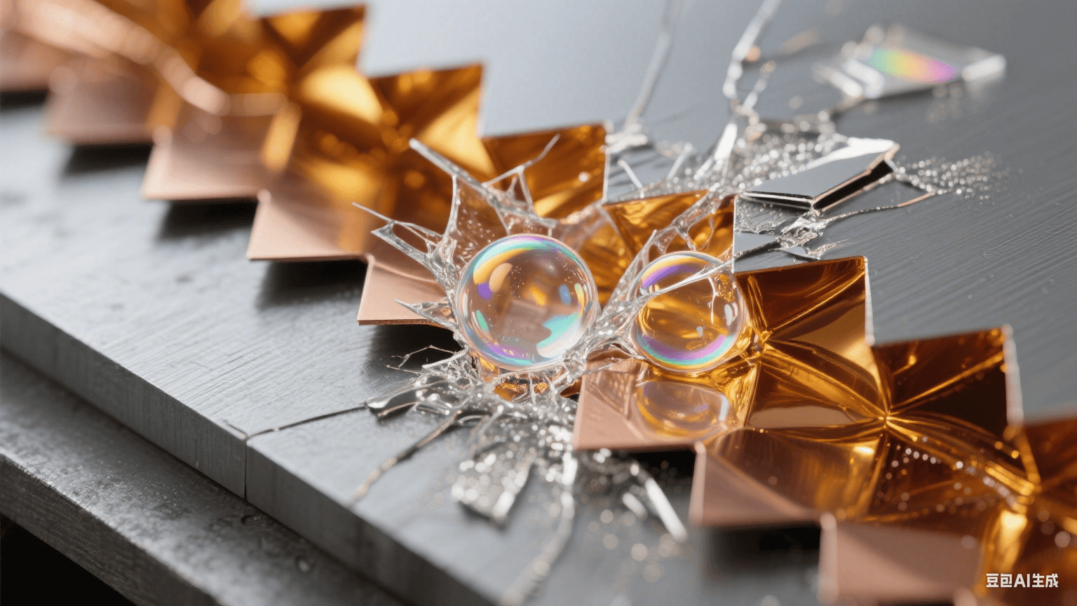 微距俯視：鋸齒狀銅箔縫隙中金色樹脂擠壓氣泡爆裂，碎片化納米銀霧，殘腔邊緣形成虹彩浸潤環(huán)，熱壓板投射幾何陰影