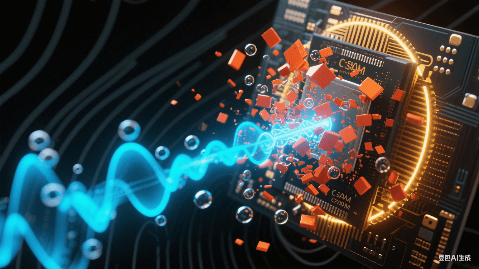 抽象聲波場(chǎng)：藍(lán)色超聲波束穿透PCB層壓結(jié)構(gòu)，橙紅氣泡群碎裂成微粒后被金色共振環(huán)溶解，黑色基材表面浮現(xiàn)聲波干涉紋