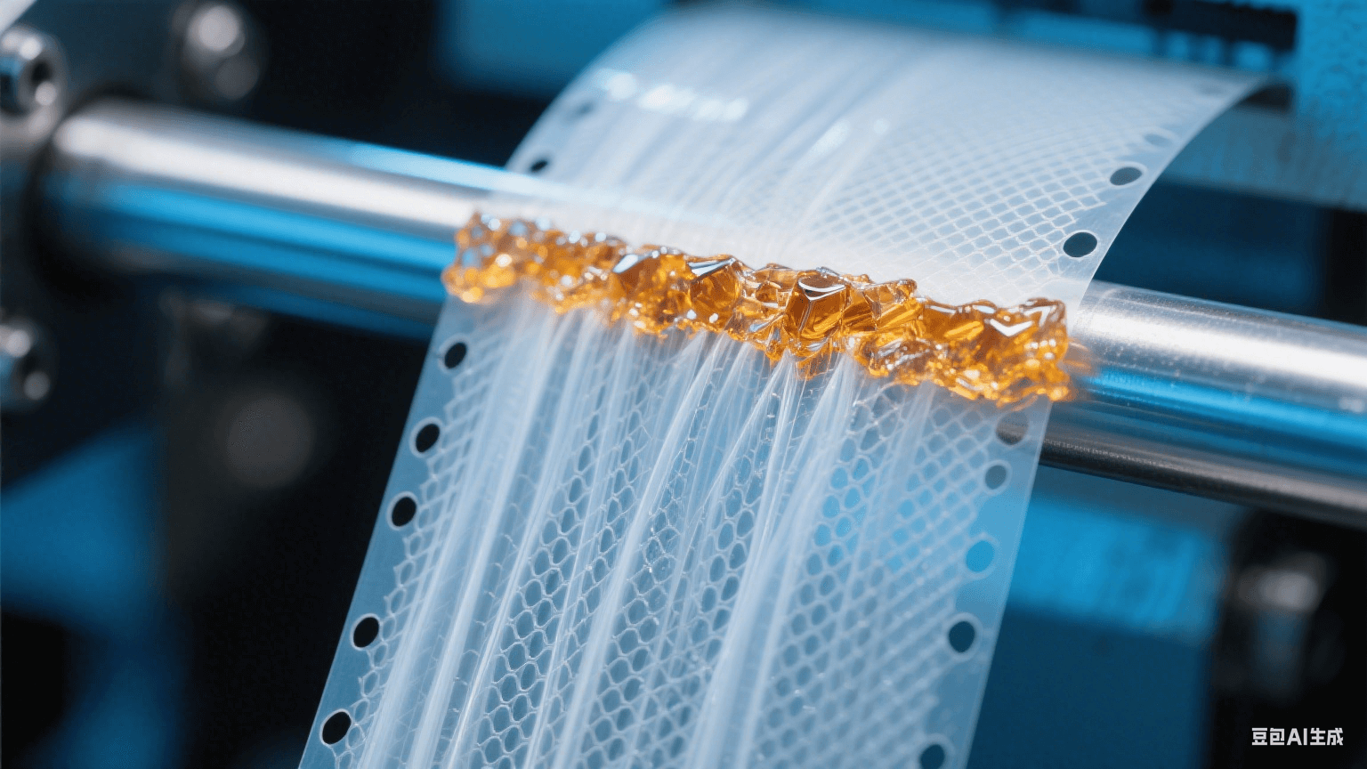 特寫多孔離型膜截面：銀白氣體流柱穿透薄膜網(wǎng)格，孔緣凝固琥珀樹脂晶體，背景液壓桿泛冷藍(lán)金屬反光