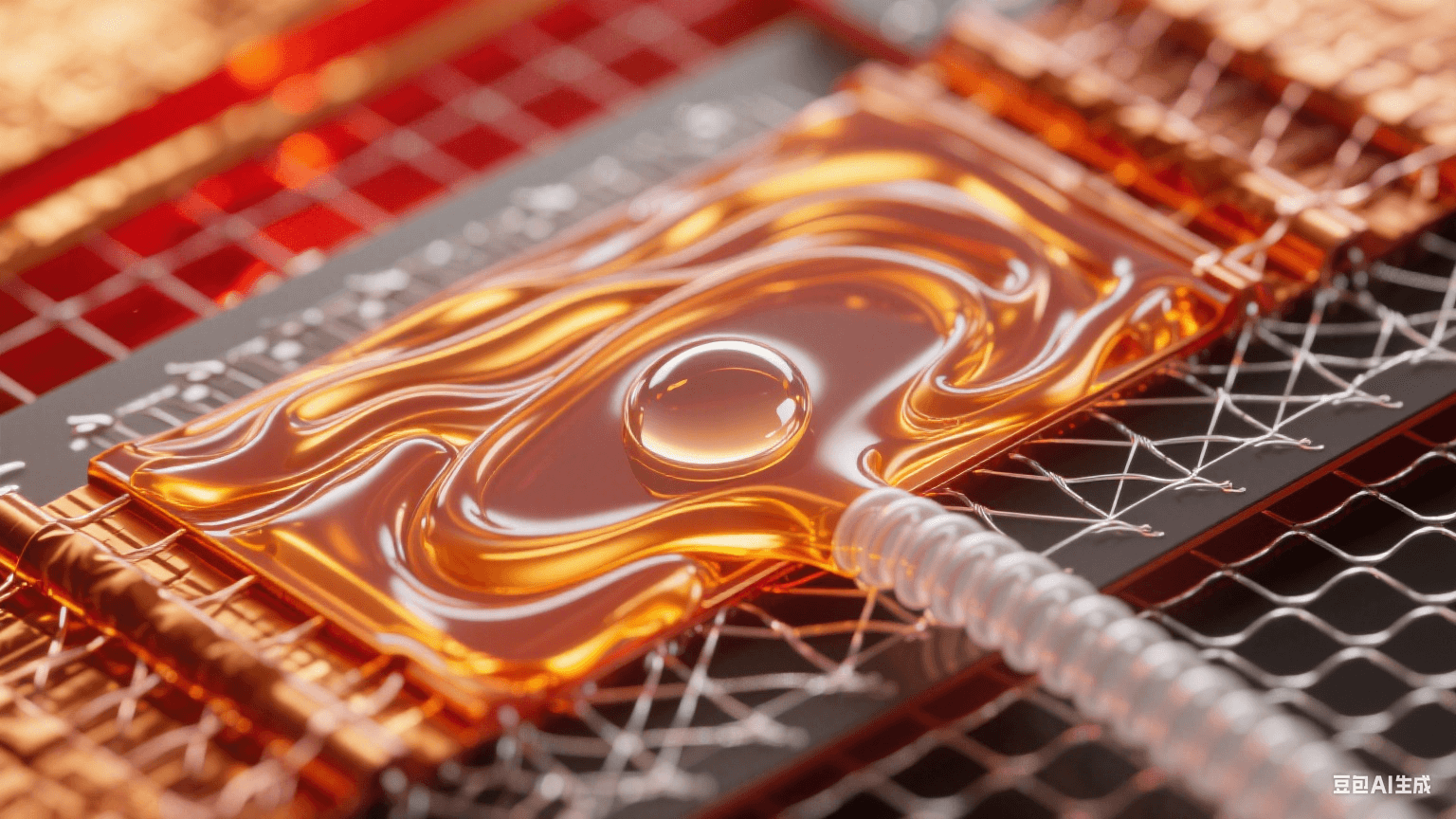 顯微穿透鏡頭：熔融琥珀樹脂層中氣泡被真空力拉伸成淚滴形態(tài)，尾部銀白氣流螺旋逃逸，高溫銅箔泛紅金光暈，玻璃纖維網(wǎng)格間可見氣體逸出路徑