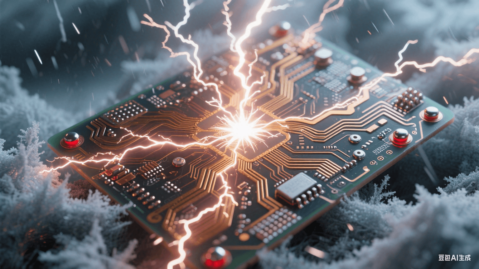 冰風(fēng)暴中的除顫器電路：樹狀金色電弧貫穿覆霜基板，星爆白光點(diǎn)亮冗余切換點(diǎn)，液態(tài)納米焊珠在-40℃環(huán)境中流動(dòng)，紅色應(yīng)急微光穿透玻璃纖維織構(gòu)