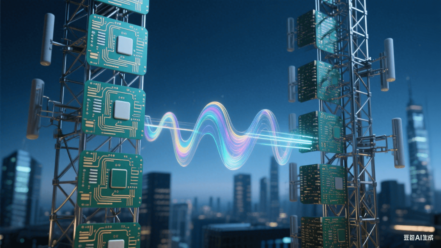 未來主義蜂窩基站，深藍(lán)暮光中金屬網(wǎng)格結(jié)構(gòu)散發(fā)冷光，多層電路板含翡翠綠與鎏金走線，半透明高頻材質(zhì)折射虹彩，電磁波脈沖懸浮，搭配光纖質(zhì)感與陶瓷基板紋理，背景為虛化城市輪廓