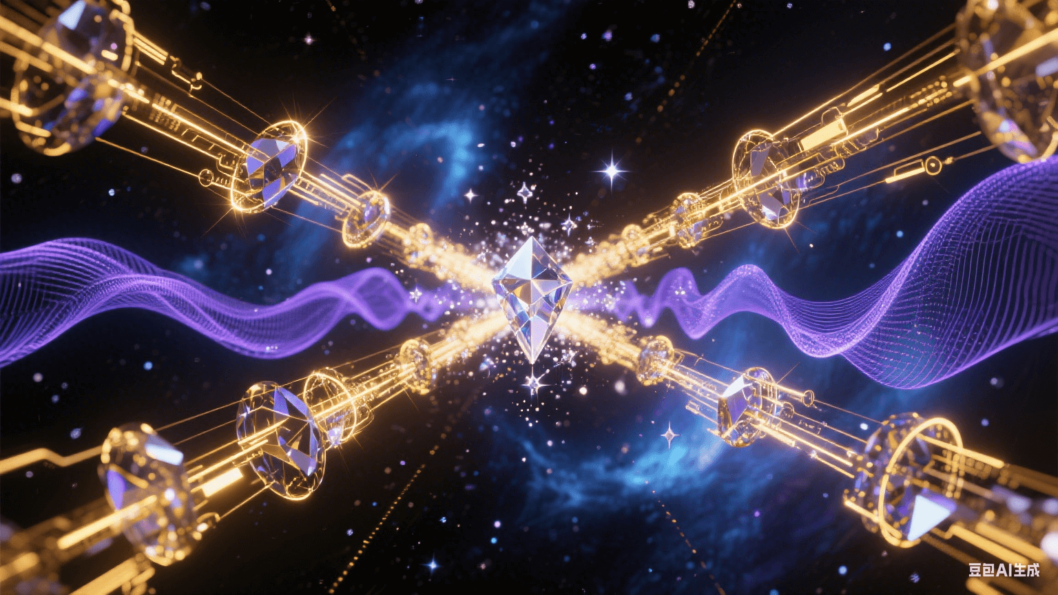 相位穩(wěn)定抽象科技藝術(shù)：水晶狀信號波束在暗宇宙精準(zhǔn)同步，黃金色電磁軌道平行延伸，藍(lán)紫色相位波紋穩(wěn)定擴散，背景為量子藍(lán)與暗物質(zhì)黑漸變星云，光束交匯處有鉆石星塵特效