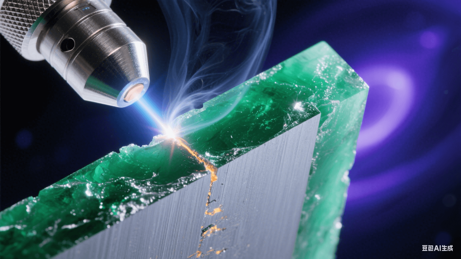紫外激光束切割翡翠綠高頻基材，熔融邊緣泛水晶光澤，截面顯微視角顯示分子級光滑表面（Ra≤0.3μm），氮?dú)饫鋮s流吹散煙塵，深空背景中藍(lán)紫光斑與金屬冷光交織