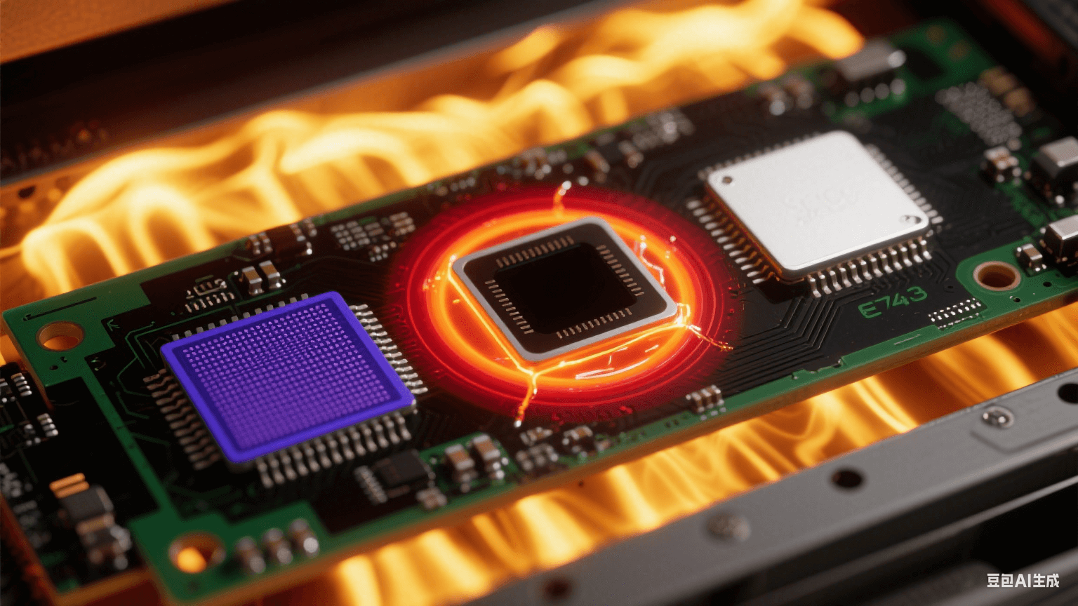 回流焊中 BGA 芯片三大缺陷熱成像：左下角虛焊（深藍低溫區(qū)）、右上角橋連（白熾熔融焊料）、中心空洞（紅黑環(huán)形熱梯度）