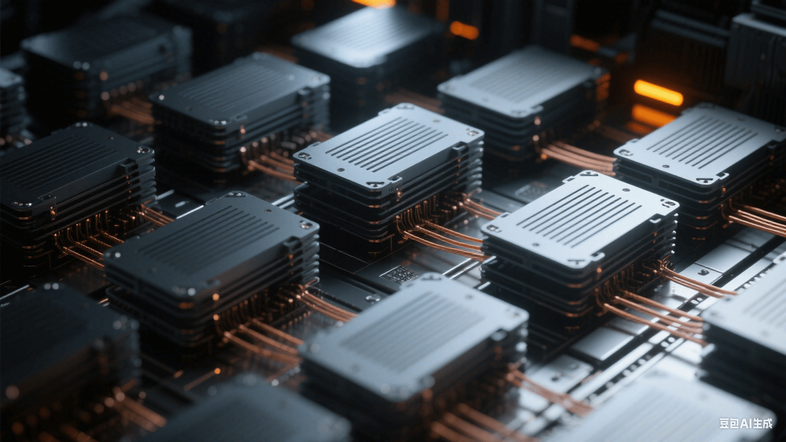 5G 毫米波基站內(nèi)部特寫(xiě)：深灰色金屬相控陣模塊（帶散熱紋路）堆疊