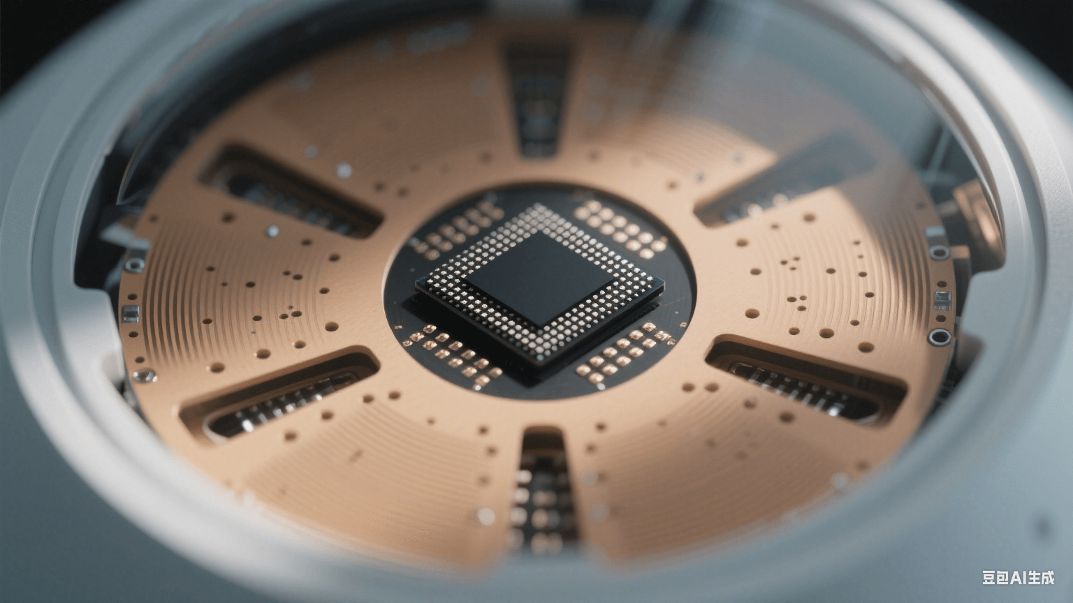 自動(dòng)駕駛雷達(dá)內(nèi)部結(jié)構(gòu)：圓形主板中央有黑色芯片，周?chē)菧\棕色介質(zhì)波導(dǎo)（金屬過(guò)孔點(diǎn)陣如網(wǎng)格）