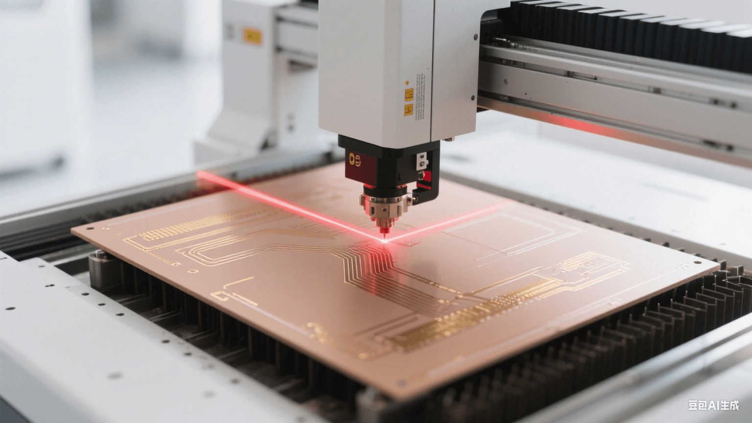 毫米波 PCB 制造場(chǎng)景：激光直繪設(shè)備用紅色激光加工淺棕色板材，表面有亮金色銅質(zhì)線路
