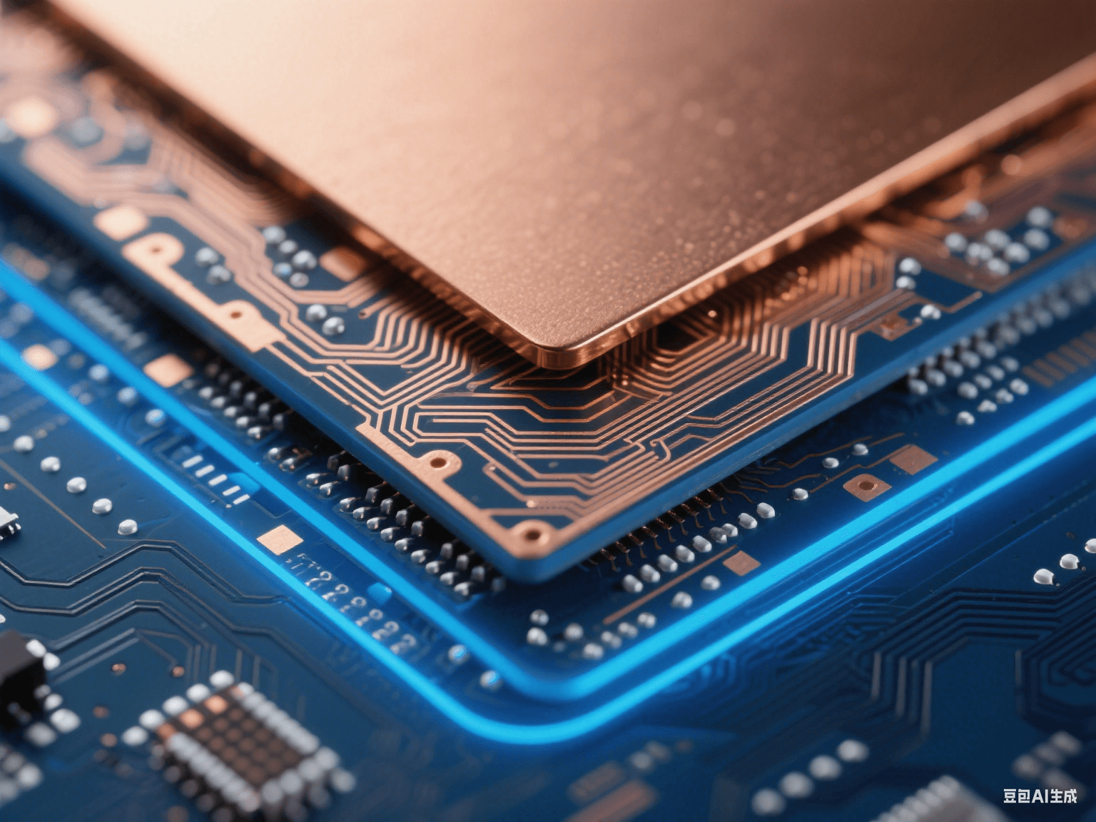 高速電路 PCB 信號(hào)層與電源層疊合，銅層帶細(xì)密走線，藍(lán)色背光下邊緣發(fā)光，顯層間結(jié)構(gòu)