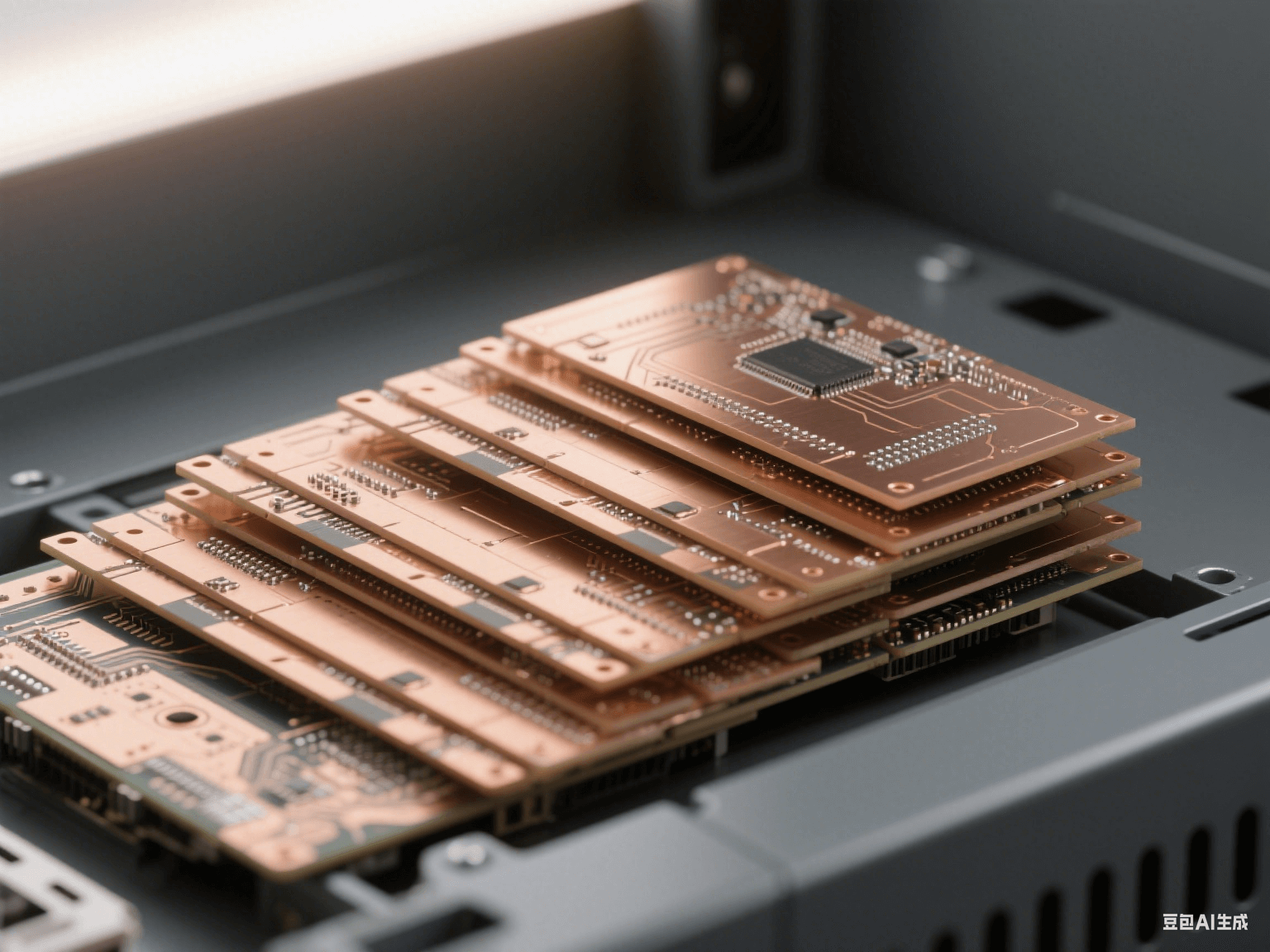 服務(wù)器機(jī)箱內(nèi) PCB 組件，多層水平排列，銅質(zhì)接地層側(cè)光反射，淺棕色介質(zhì)層顯層壓痕跡