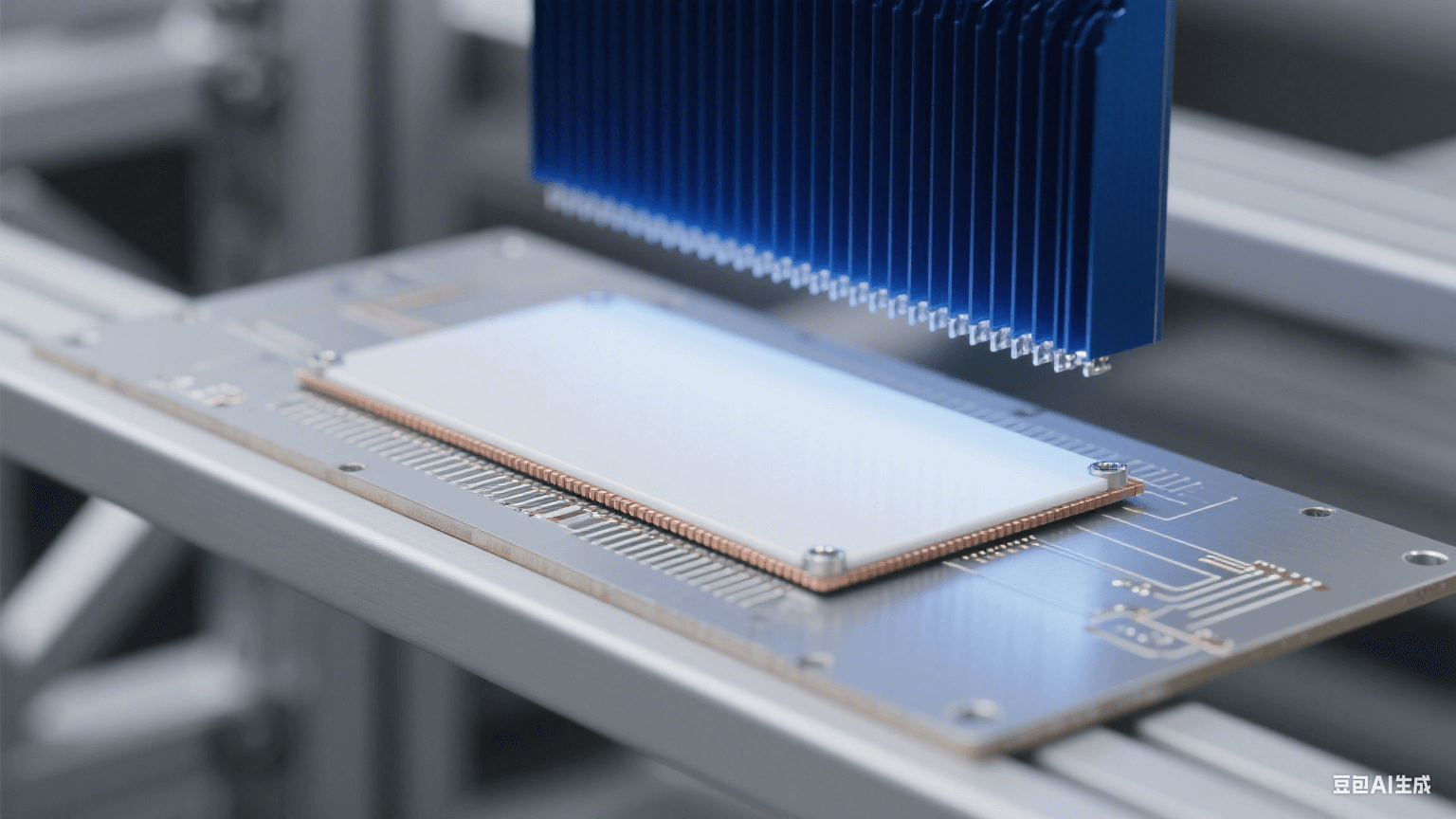 銀灰色鋁基板水平放置，表面覆白色陶瓷層，邊緣露出 0.5mm 銅箔線路；上方 3cm 懸深藍色散熱片，間有銀色導熱膏，頂部冷藍光形成銳利邊緣陰影