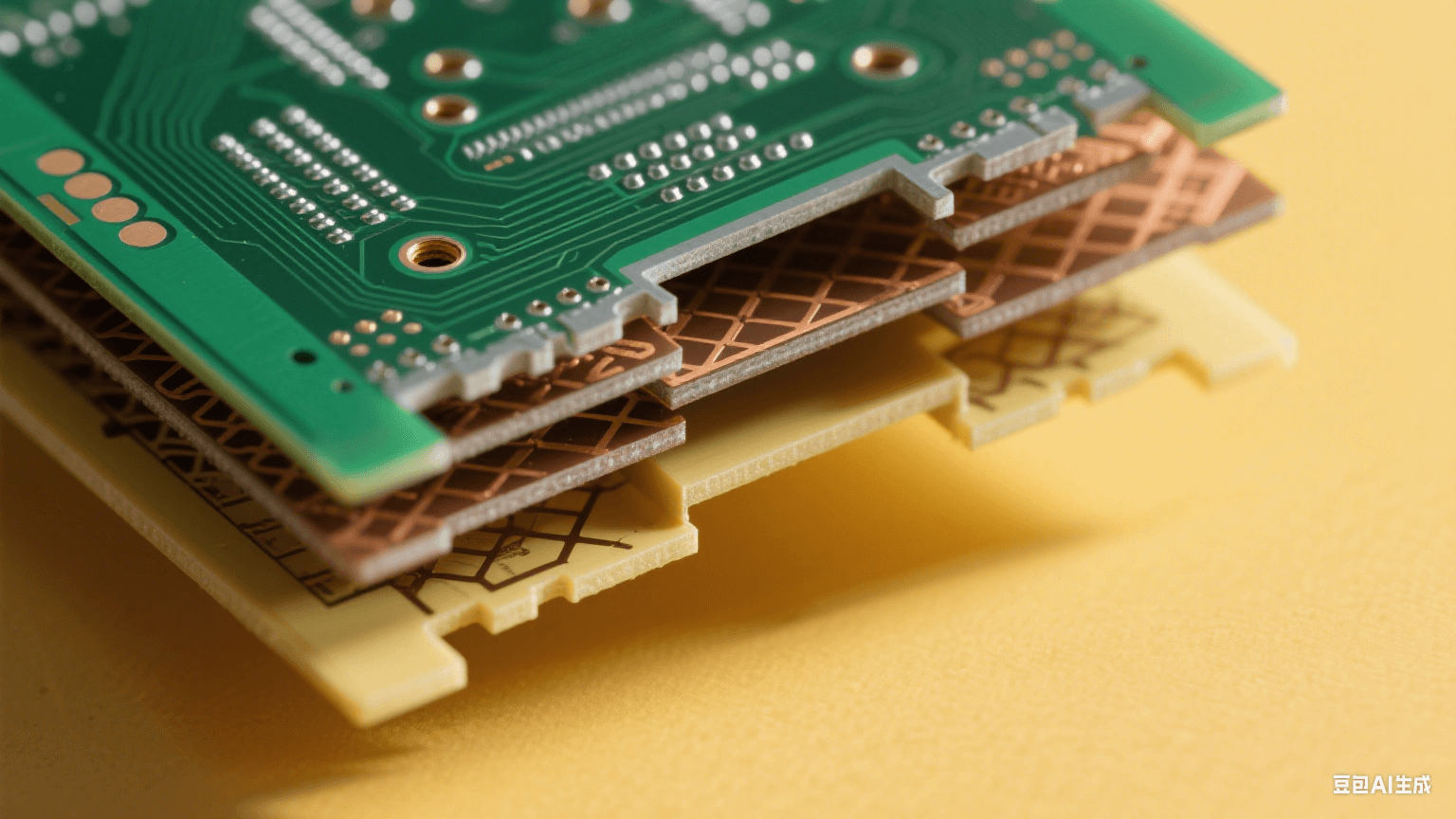 45° 傾斜多層 PCB，頂層深綠基板有 0.1mm 微孔（銀灰色金屬孔壁），中間層棕色半固化片埋孔與交錯銅箔網(wǎng)格，底層淺黃 FR-4 形成色彩對比，左側(cè)暖黃側(cè)光在層間投細長陰影