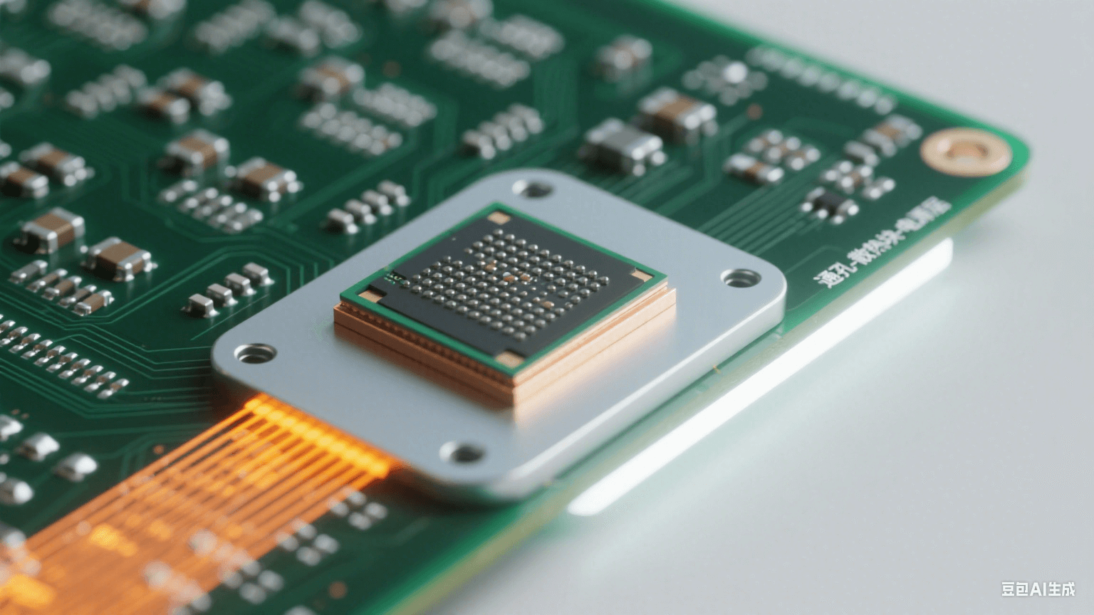 散熱設計細節(jié)：雷達板芯片區(qū)域特寫，深綠基板上有銀灰色散熱通孔陣列（孔內(nèi)填金屬），芯片下淺灰散熱塊與銀白銅質(zhì)電源層相連，橙黃色熱流光效從芯片沿路徑擴散，冷白光右側(cè)照射形成高光