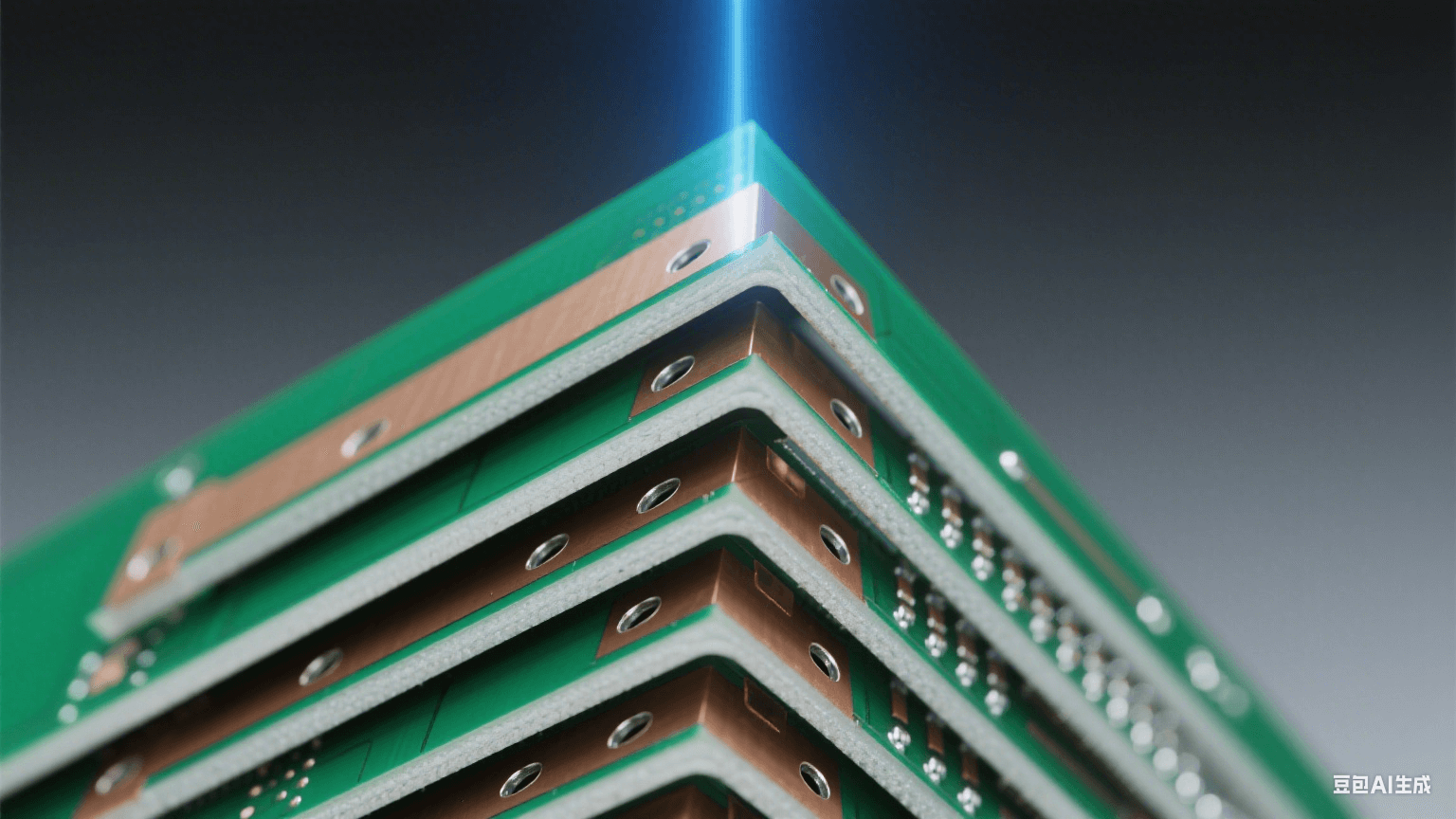 多層 HDI 結(jié)構(gòu)剖面：45° 角展示 8 層堆疊，深綠基板與銀白銅箔交替，層間棕色半固化片填充埋孔 / 盲孔，0.05mm 激光微孔孔壁鍍銀均勻，冷藍光垂直照射凸顯層間精密對準（偏差＜5μm）