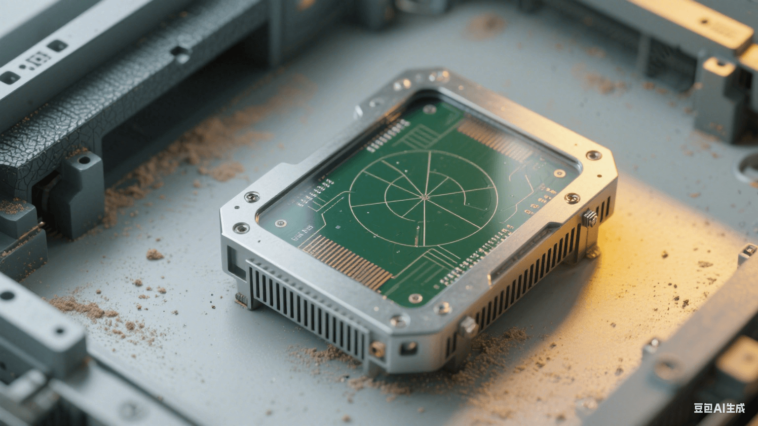工業(yè)毫米波雷達板環(huán)境：深綠色雷達板傾斜嵌入淺灰設備，表面覆透明三防漆，銀灰色屏蔽罩帶接地彈片，周圍有細微粉塵顆粒，深灰金屬支架帶振動紋理