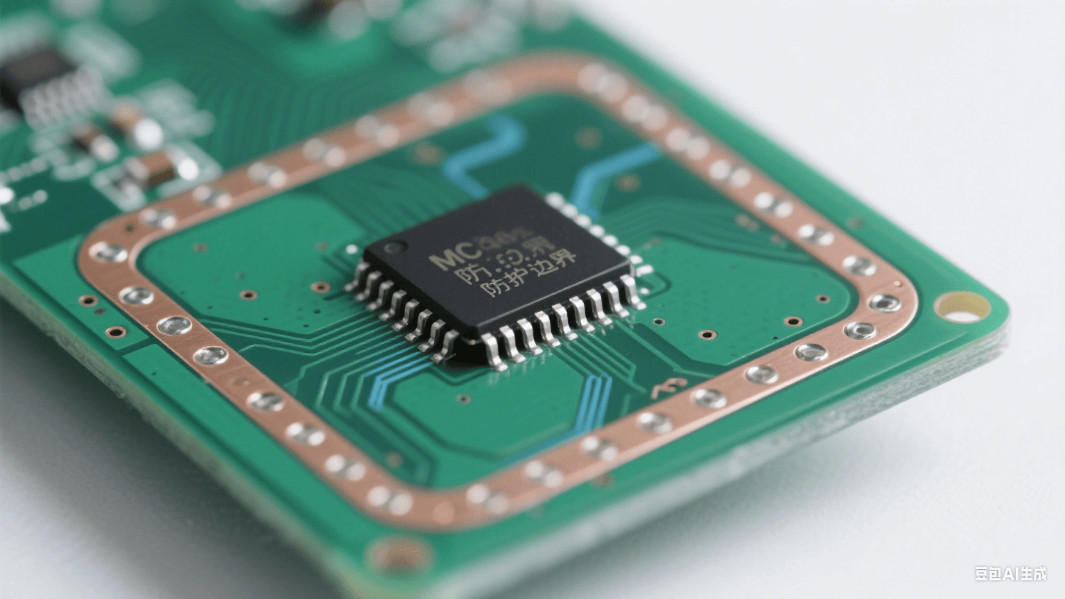 設計階段靜電防護：深綠色 PCB 邊緣有裸銅防護環(huán)與接地過孔，中央芯片引腳與銅皮間距大，短直銀線接地面泛淡藍光，冷白光照射顯精密