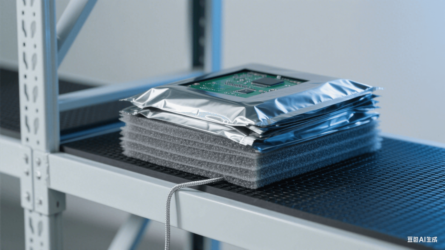 倉儲防靜電包裝：淺灰貨架鋪黑色橡膠墊（連銀色接地線），鍍鋁屏蔽袋包裹 PCB，層間夾灰色珍珠棉，冷藍光凸顯屏蔽防護
