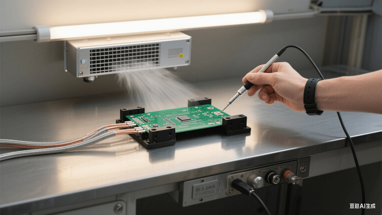測試環(huán)節(jié)防護：銀灰色測試臺固定 PCB，黑色夾具連多股銅纜接地，上方離子風機吹氣，人員戴防靜電手環(huán)持探針
