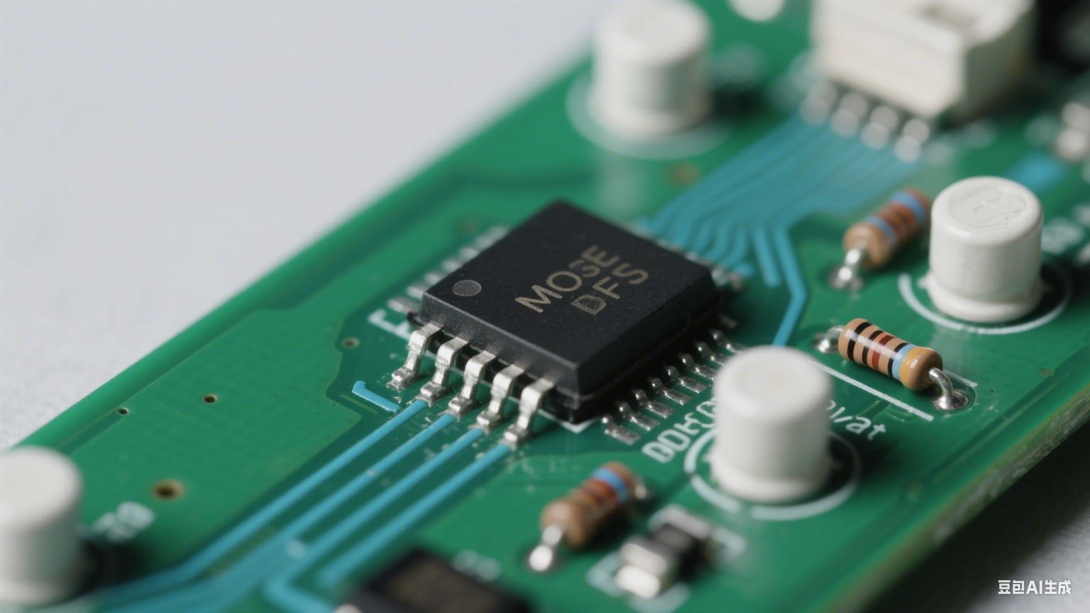 多層 PCB 剖面：深綠基材與銀灰電源 / 接地層交替，超短回路連接 SiC 管與電容，密集鍍銀散熱過孔，冷白光下顯緊湊高效