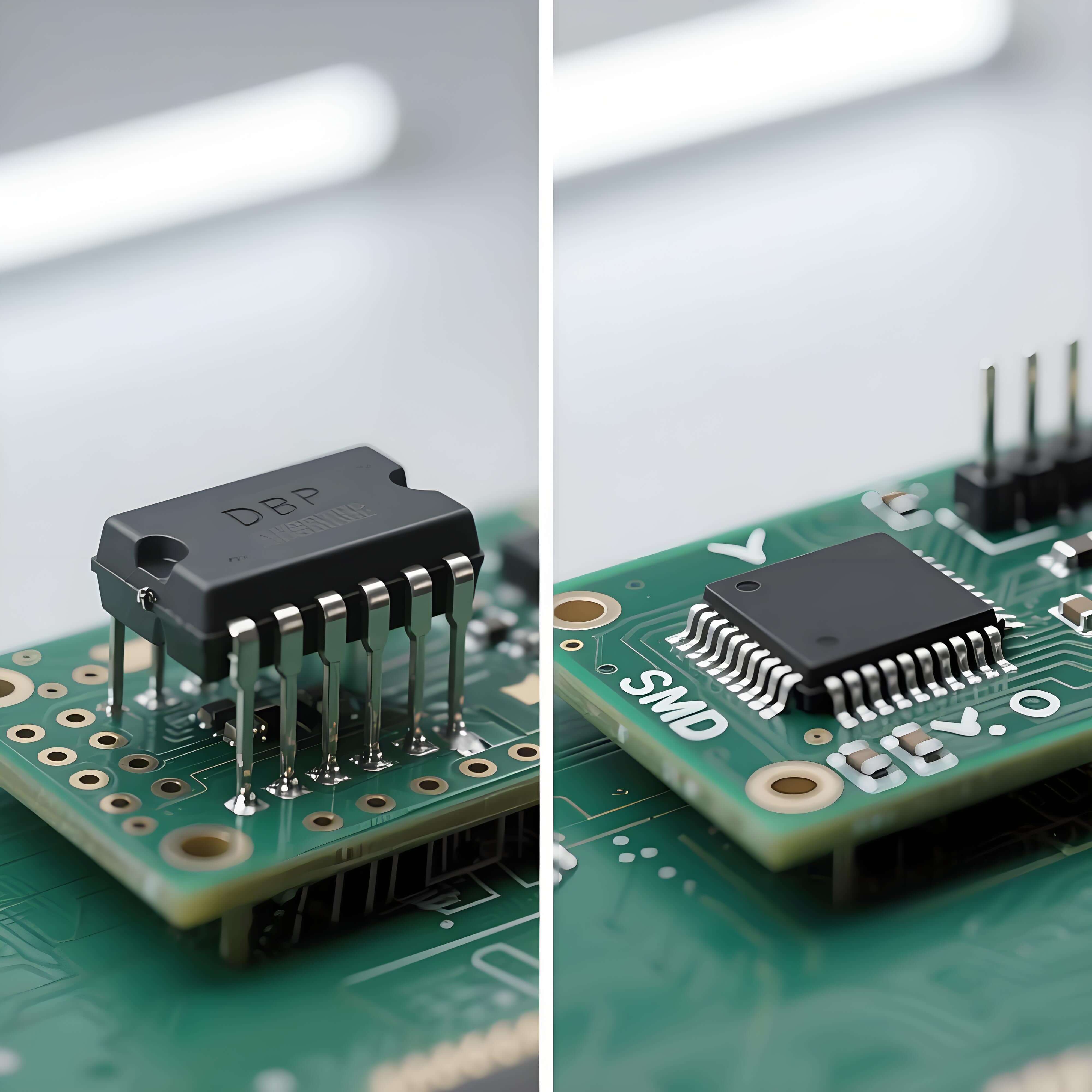 DIP 與 SMT 封裝對比特寫，左側(cè)黑色環(huán)氧樹脂 DIP 芯片雙列直插引腳，右側(cè)銀色 SMT 器件表面貼裝引腳，均置于綠色 PCB 板，顯材質(zhì)與結(jié)構(gòu)差異