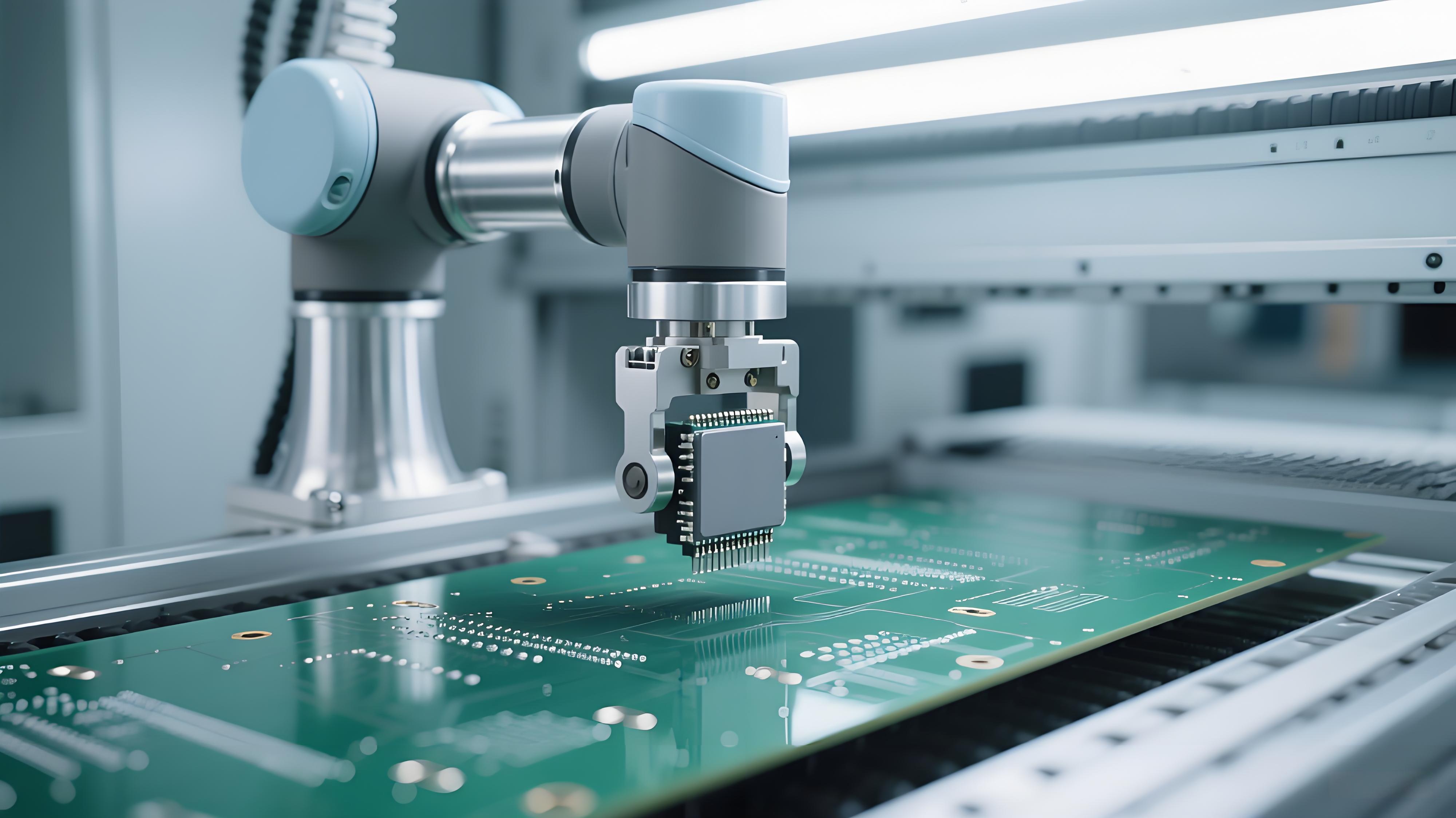 自動化插裝系統中機械臂為PCB板安裝電子元件的場景
