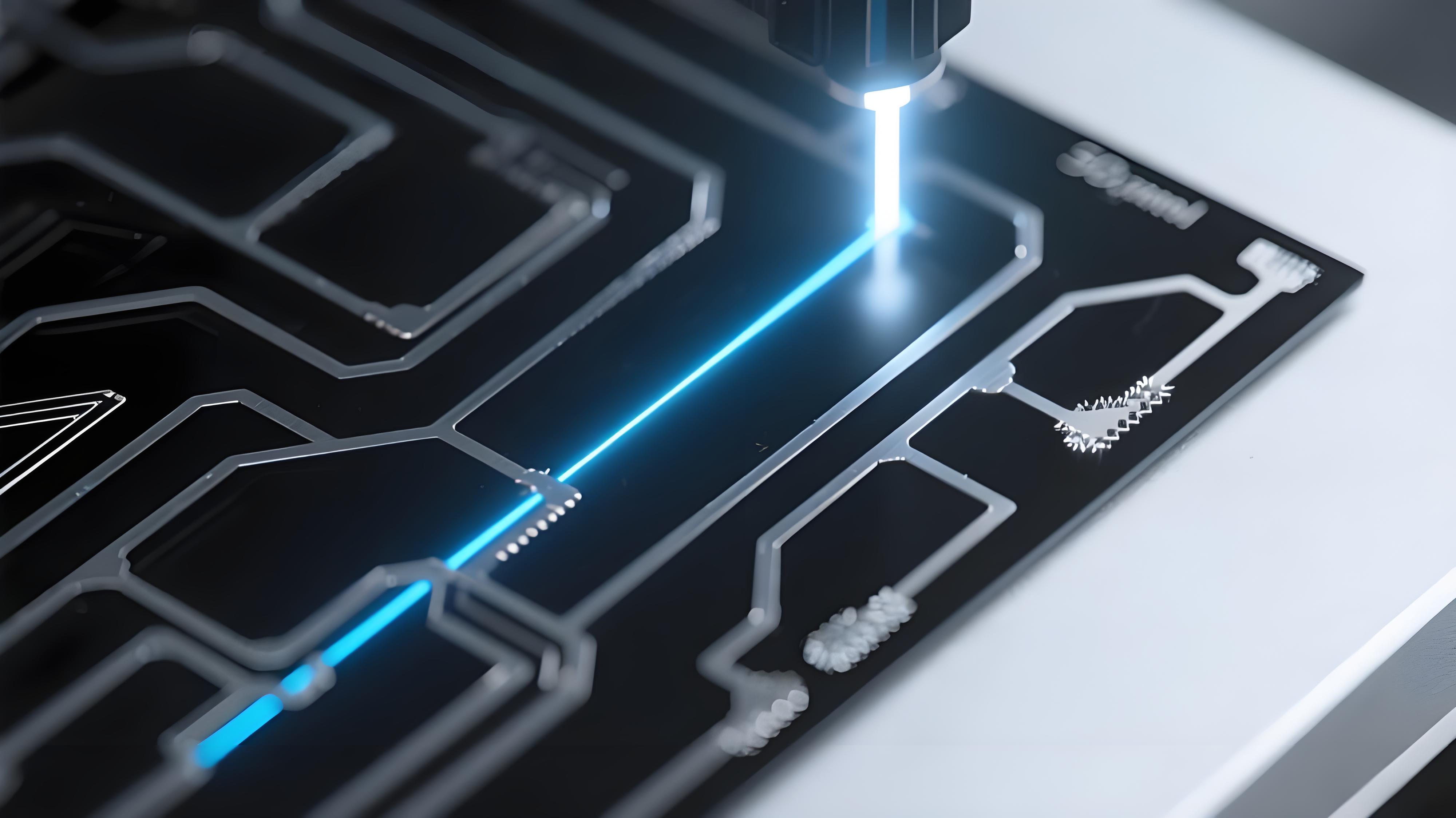 3D-MID 激光活化金屬化過程 淡藍色激光束 深綠色塑料基材 銀色金屬化軌跡 回流焊前預處理 3D-MID 激光活化金屬化過程 淡藍色激光束 深綠色塑料基材 銀色金屬化軌跡 回流焊前預處理