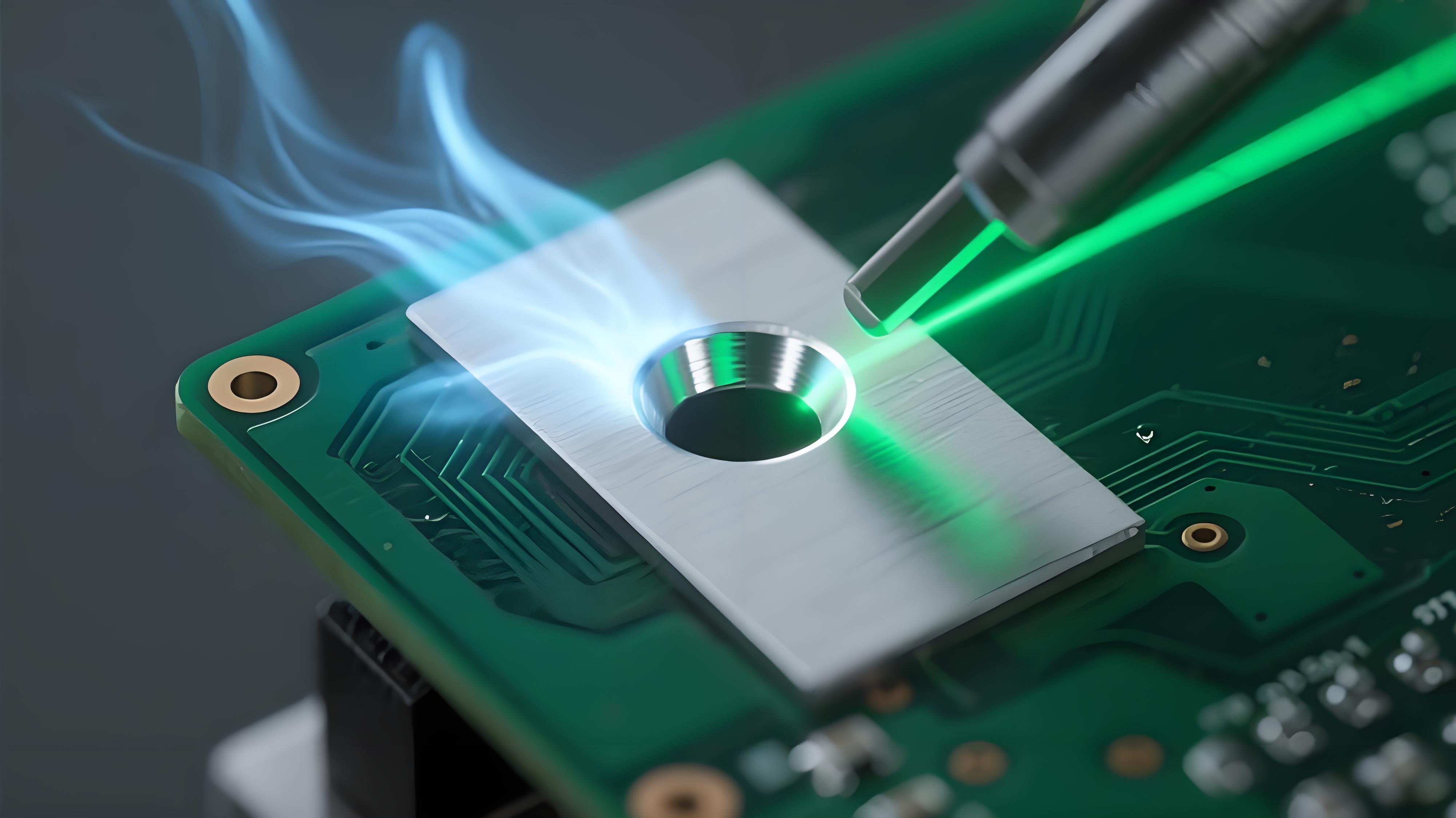 激光焊錫匙孔動態(tài)形成過程 紅色激光束聚焦 銀色液態(tài)焊料匙孔 深綠色 PCB 焊盤熱效應 激光焊錫匙孔動態(tài)形成過程 紅色激光束聚焦 銀色液態(tài)焊料匙孔 深綠色 PCB 焊盤熱效應