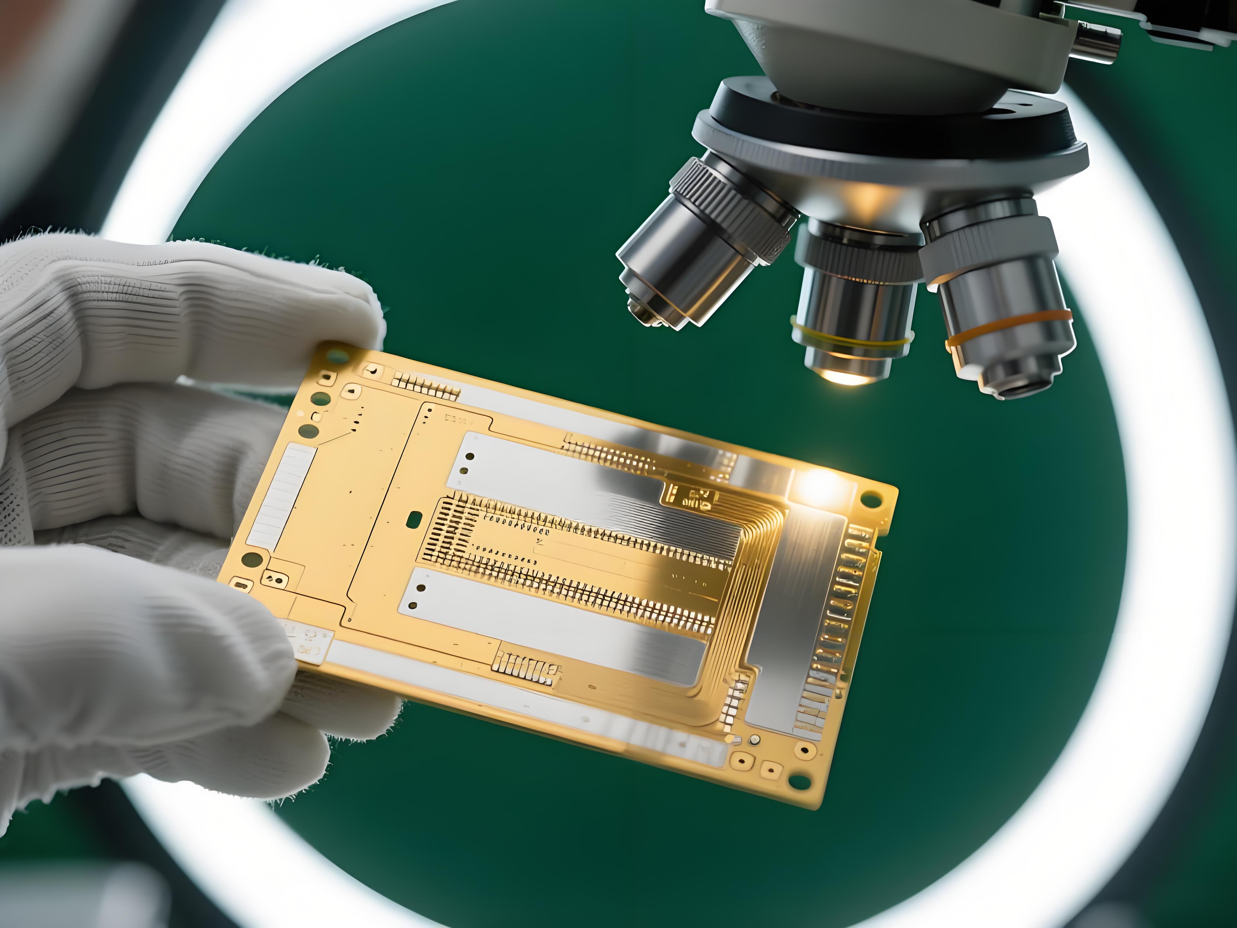 ENIG化金板質(zhì)量控制檢查場(chǎng)景，展示顯微鏡下的金屬鍍層細(xì)節(jié)