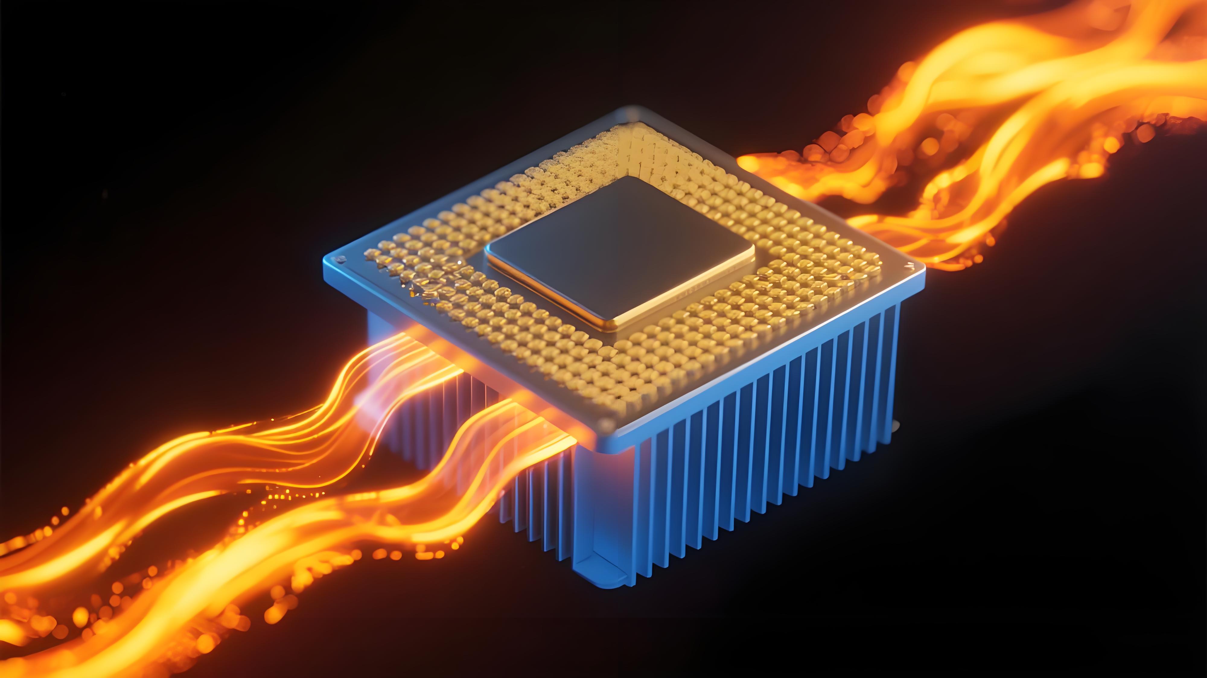 抽象概念圖：熱量通過通孔陣列從芯片傳導(dǎo)至散熱器的過程