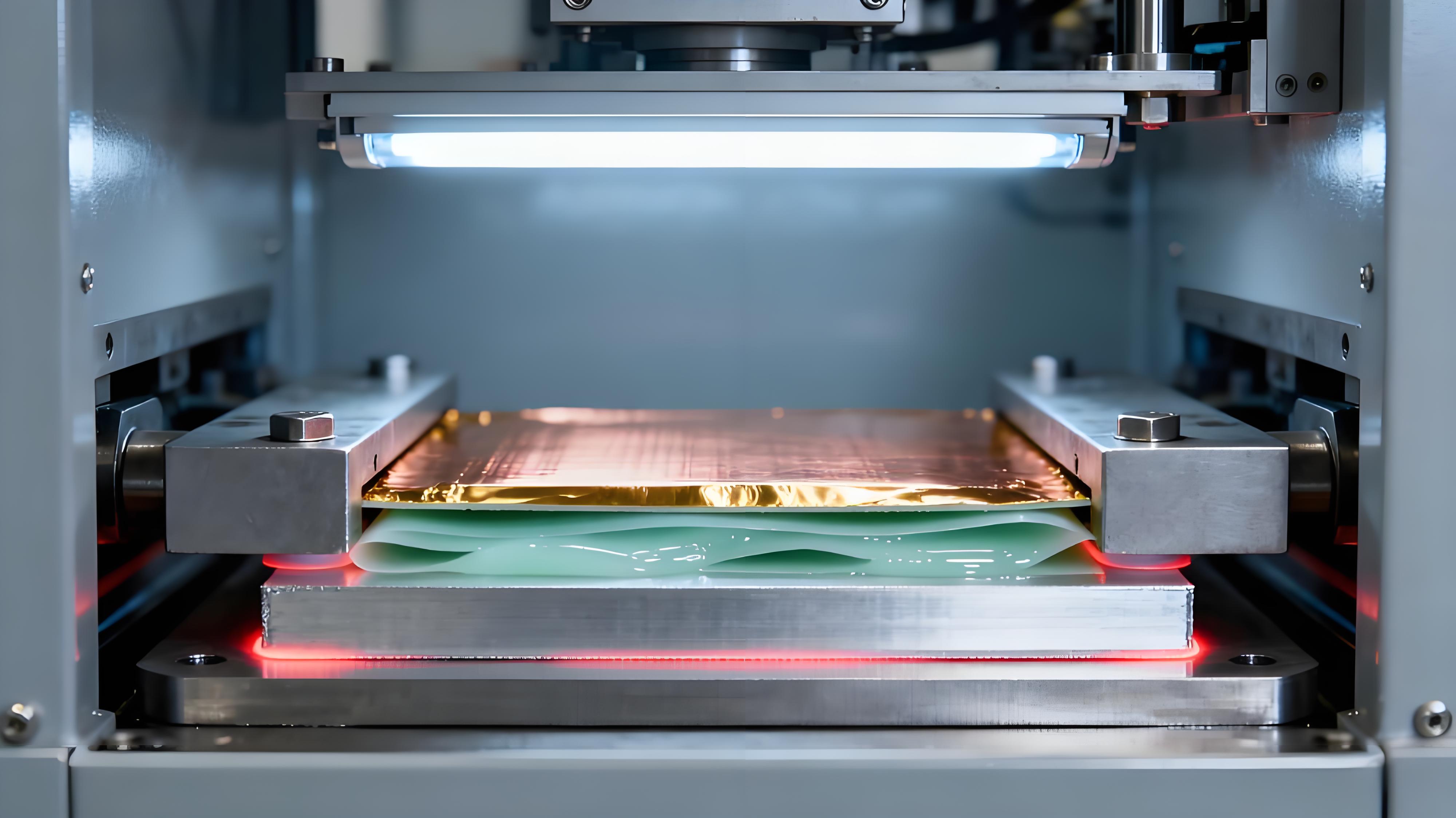 鋁基板絕緣層壓合工藝場景，銅箔、導(dǎo)熱絕緣膠膜與鋁板在高溫高壓下緊密貼合