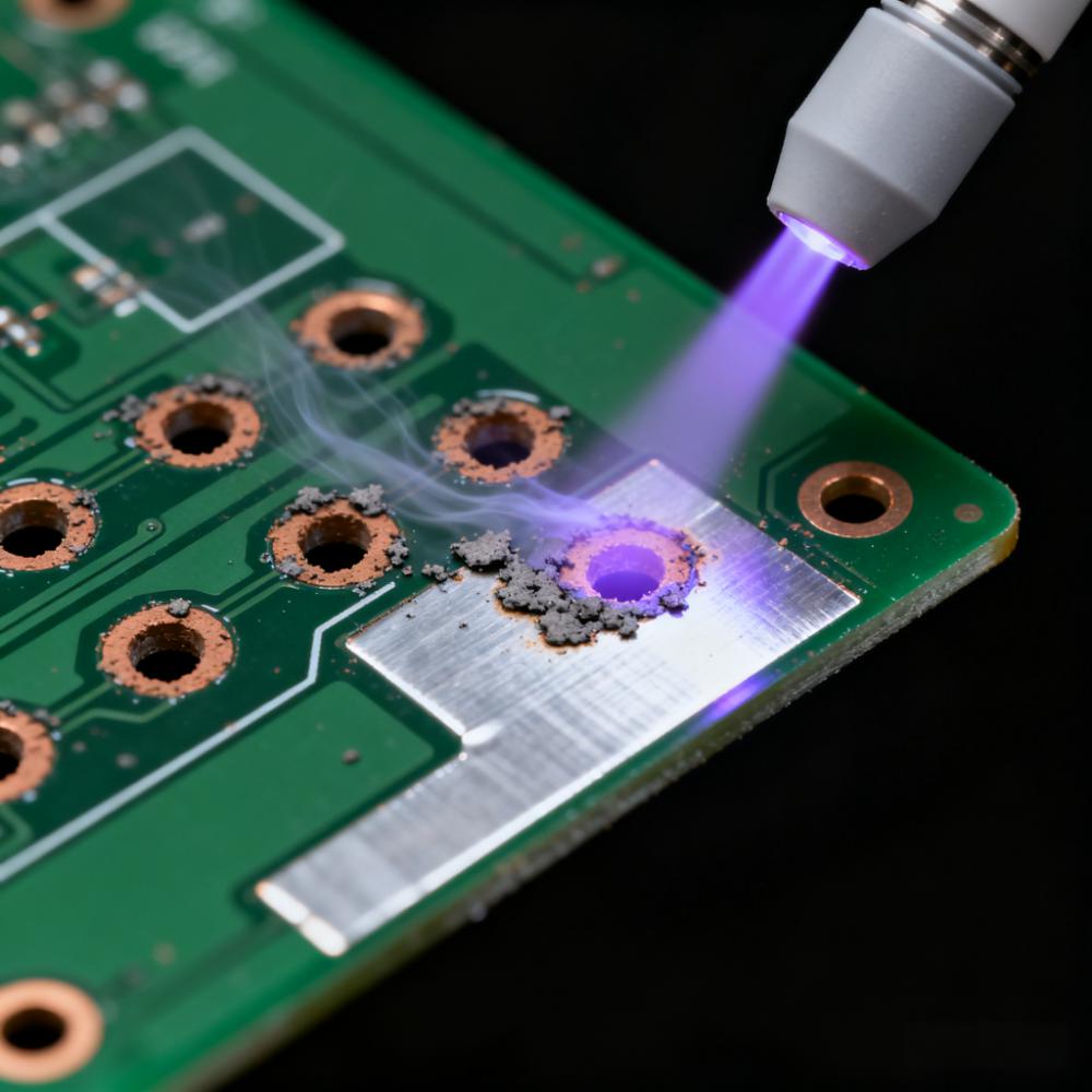 激光鉆孔后等離子清洗微盲孔除膠渣場景，淡紫色等離子體去除孔壁碳化殘留