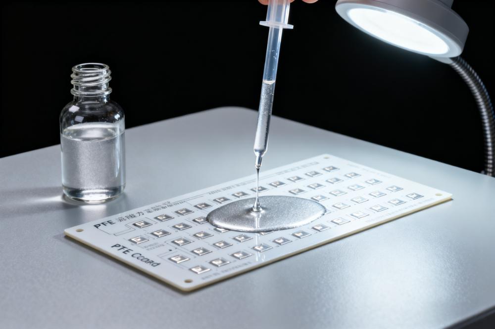 PTFE PCB沉銀表面處理場景，淡銀色溶液在銅焊盤形成均勻沉銀層無鼓泡