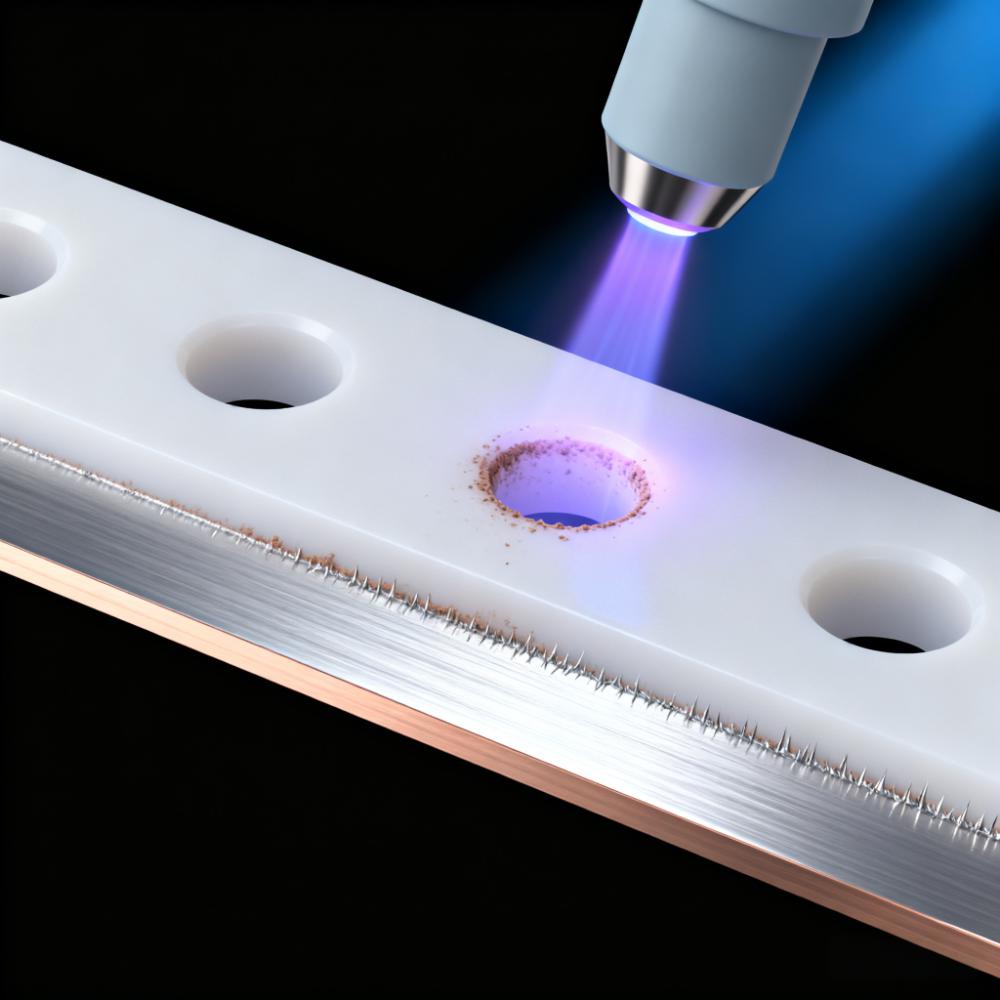 PTFE PCB鉆孔后等離子體去鉆污場景，淡紫色等離子體去除孔壁殘留鉆污