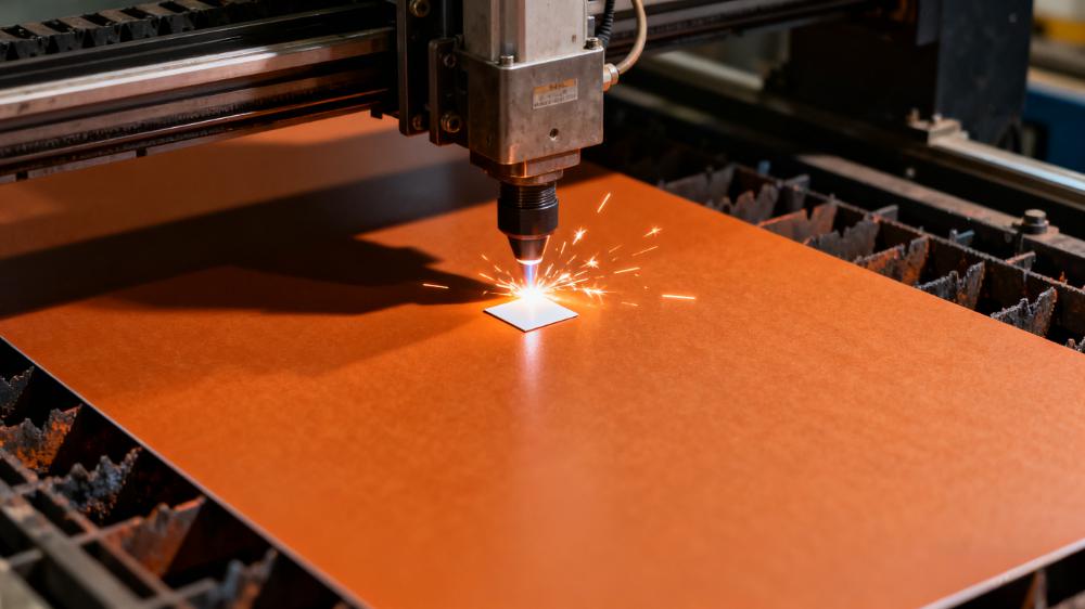 高頻板材介電常數(shù)測試-樣品制備流程，激光切割機(jī)正在精密切割PTFE高頻板材樣品