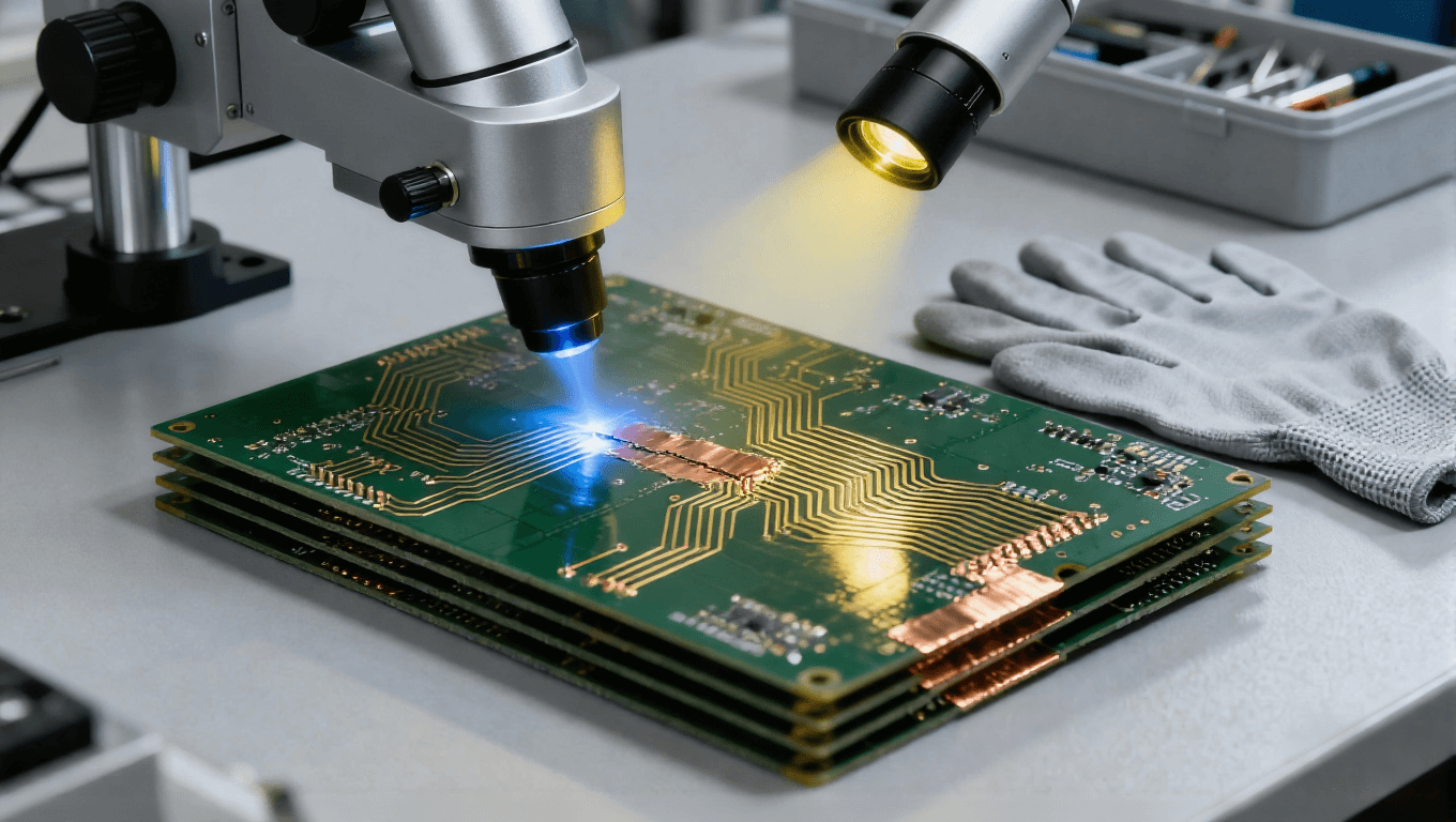 PCB 線路缺陷激光修復(fù)場景，淡藍(lán)色微光束微米級(jí)切除多余銅箔修復(fù)短路