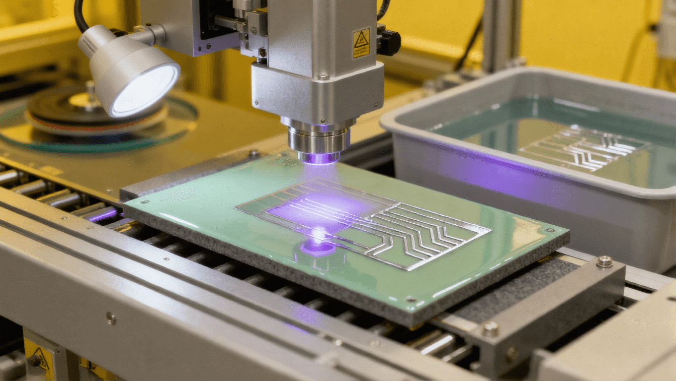 陶瓷板光刻圖形化場景，紫外曝光 + 顯影液露出銀色銅種子層圖形