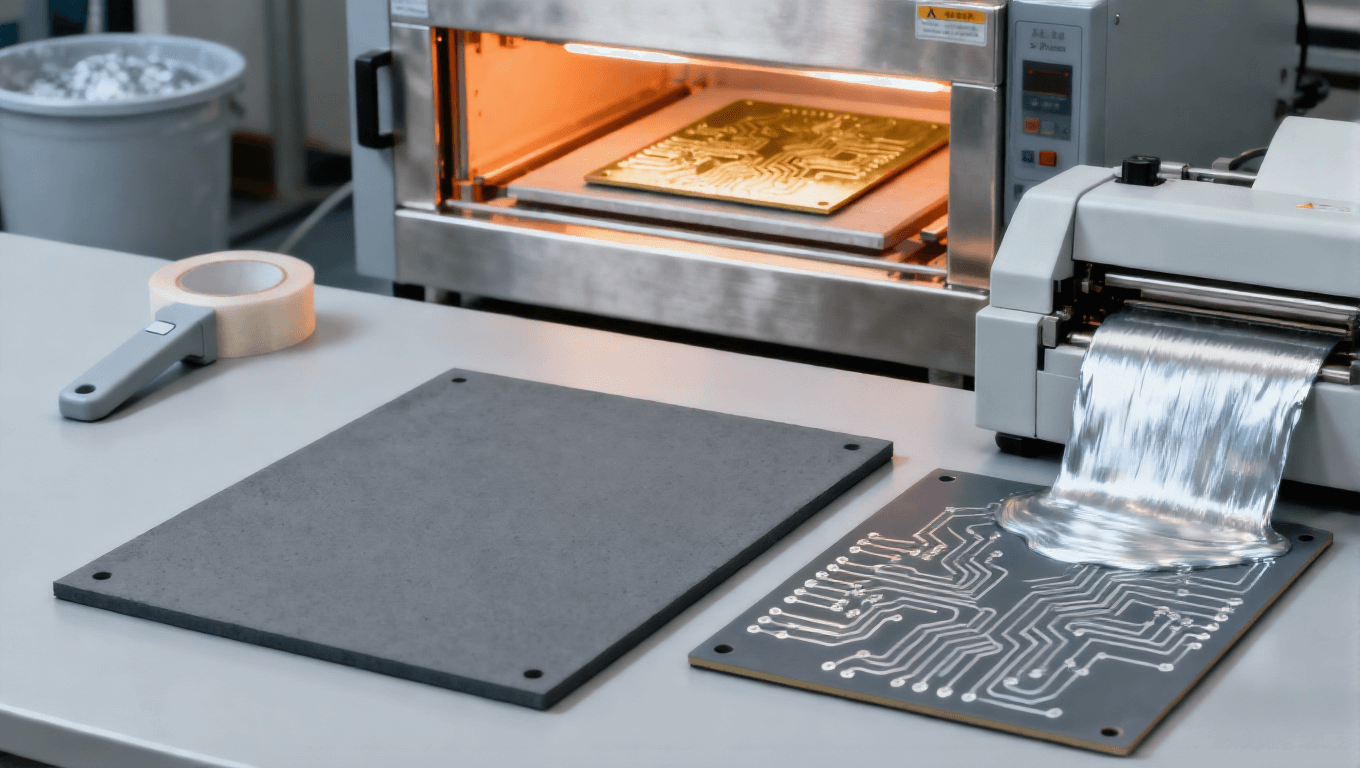 SiC 模塊基板金屬化工藝場景，印刷金屬漿料 + 800-950℃燒結形成導電銅層