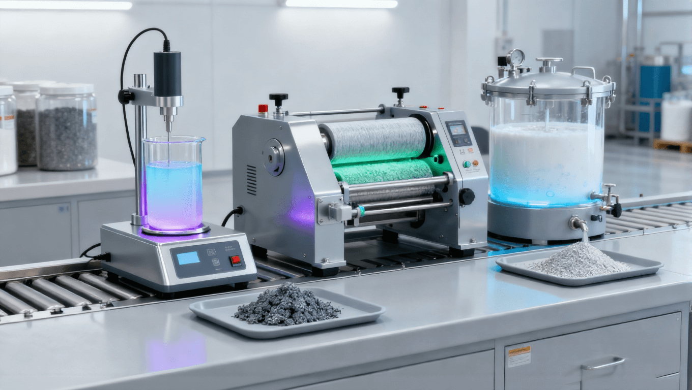 石墨烯多級(jí)分散工藝場(chǎng)景，超聲+三輥研磨+脫泡實(shí)現(xiàn)顆粒＜2μm均勻分散