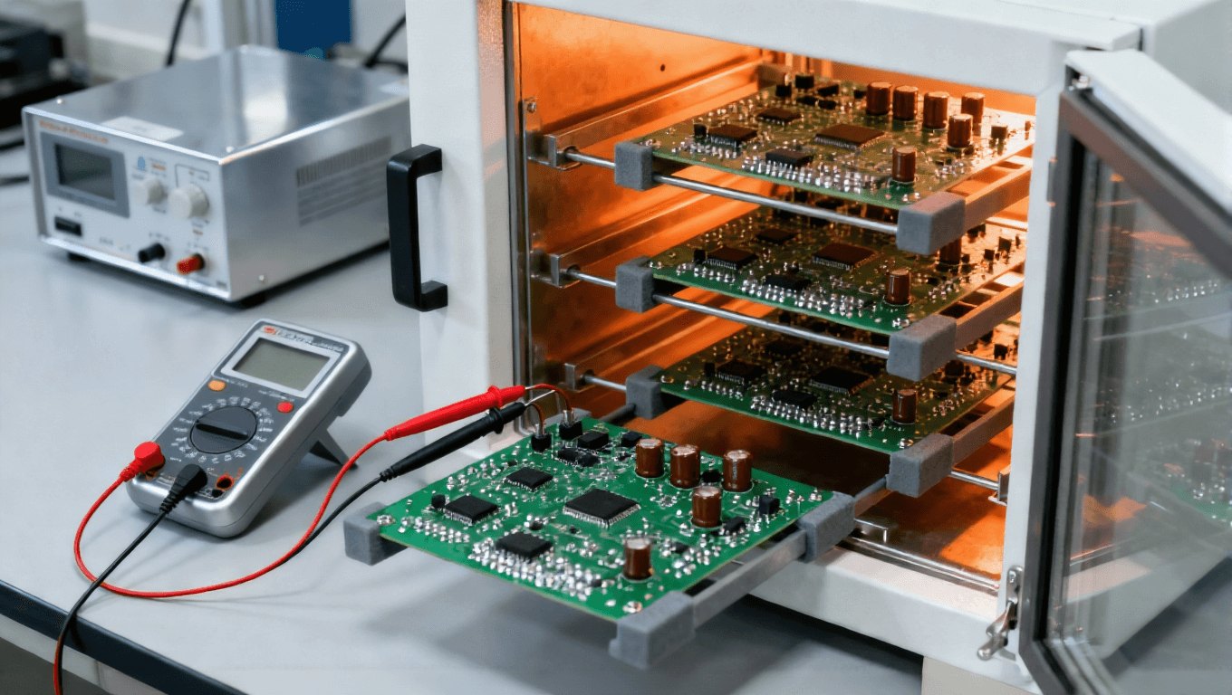 PCB高溫老化測(cè)試 可編程高溫箱 綠色PCB板 萬用表連接測(cè)試