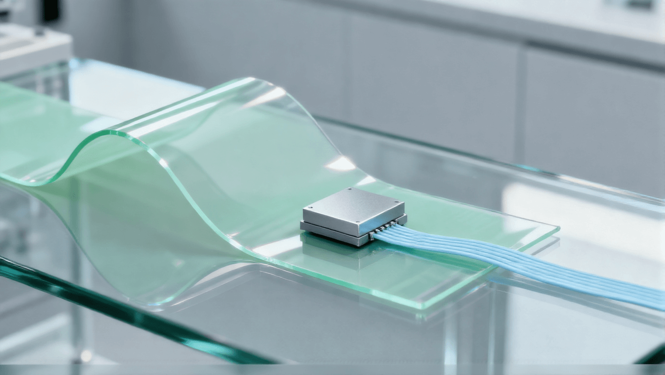 未來(lái)柔性基板封裝，淡綠色柔性基板與微型三維芯片