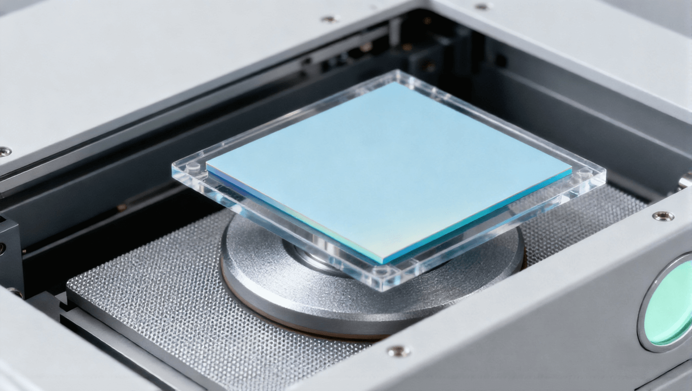 芯片減薄工藝，淡藍(lán)色芯片與研磨頭，減薄設(shè)備內(nèi)部場(chǎng)景