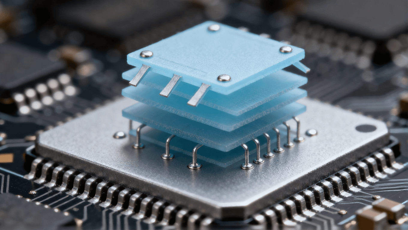 感器三維堆疊，淡藍(lán)色傳感器與銀灰色處理芯片