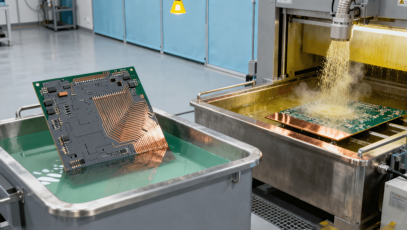 汽車電子高端PCB的mSAP工藝制造場(chǎng)景，展示電鍍槽、差分蝕刻設(shè)備及PCB基板，車規(guī)級(jí)PCB生產(chǎn)環(huán)境