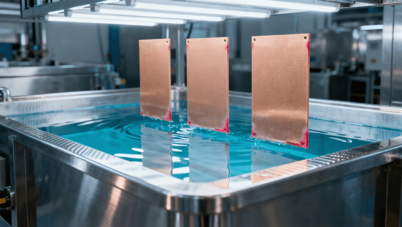 PCB半加成法SAP工藝化學(xué)鍍銅工序場(chǎng)景，展示立式銀灰色金屬鍍銅槽、透明藍(lán)色鍍液及FR-4基板，高端PCB制造車間環(huán)境