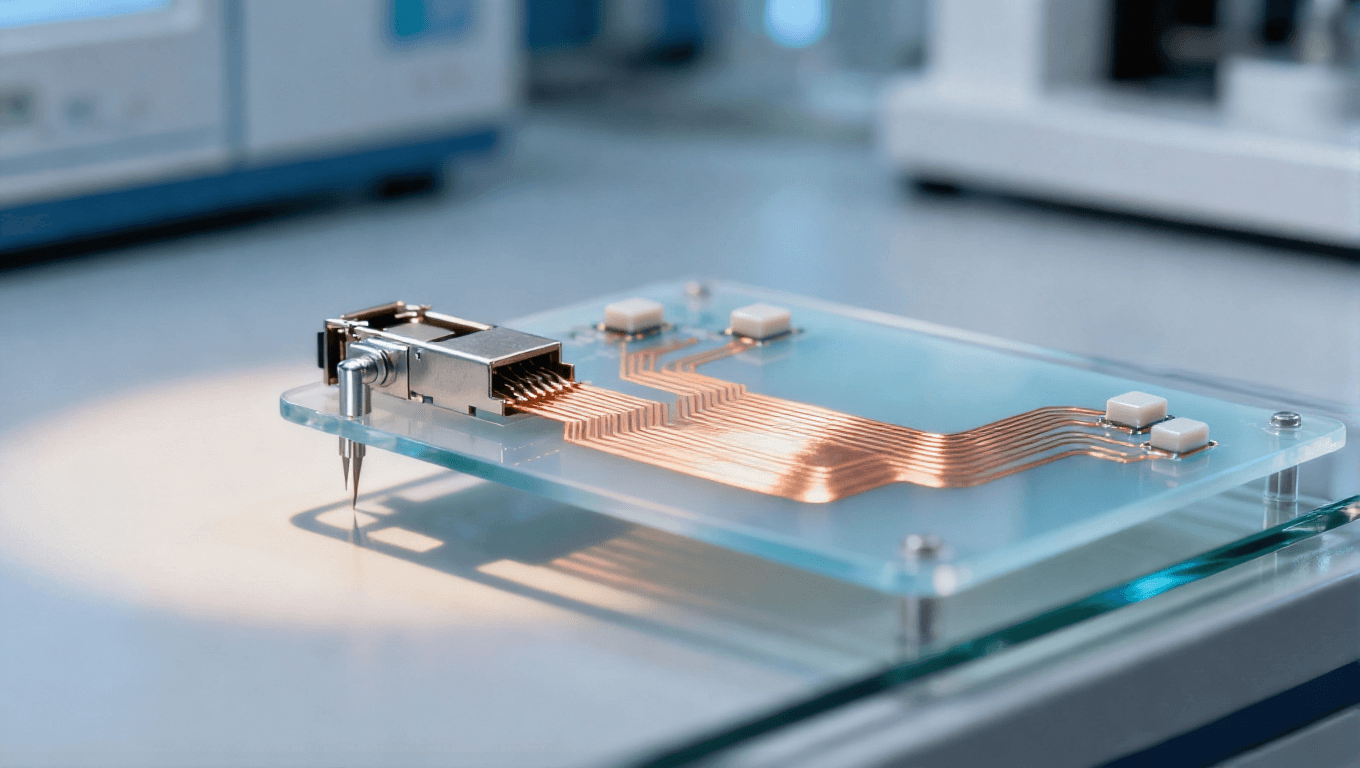 實(shí)驗(yàn)室測(cè)試光模塊 PCB 淡藍(lán)色低 Dk 基材 淺橙色銅箔線路 金屬測(cè)試探針 電子測(cè)試場(chǎng)景 冷光光影