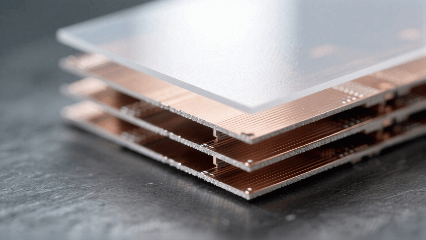 光模塊PCB材料層壓工藝特寫 半透明淡灰介電層 銀銅色銅箔層 冷白頂光 電子制造工藝 微觀質(zhì)感