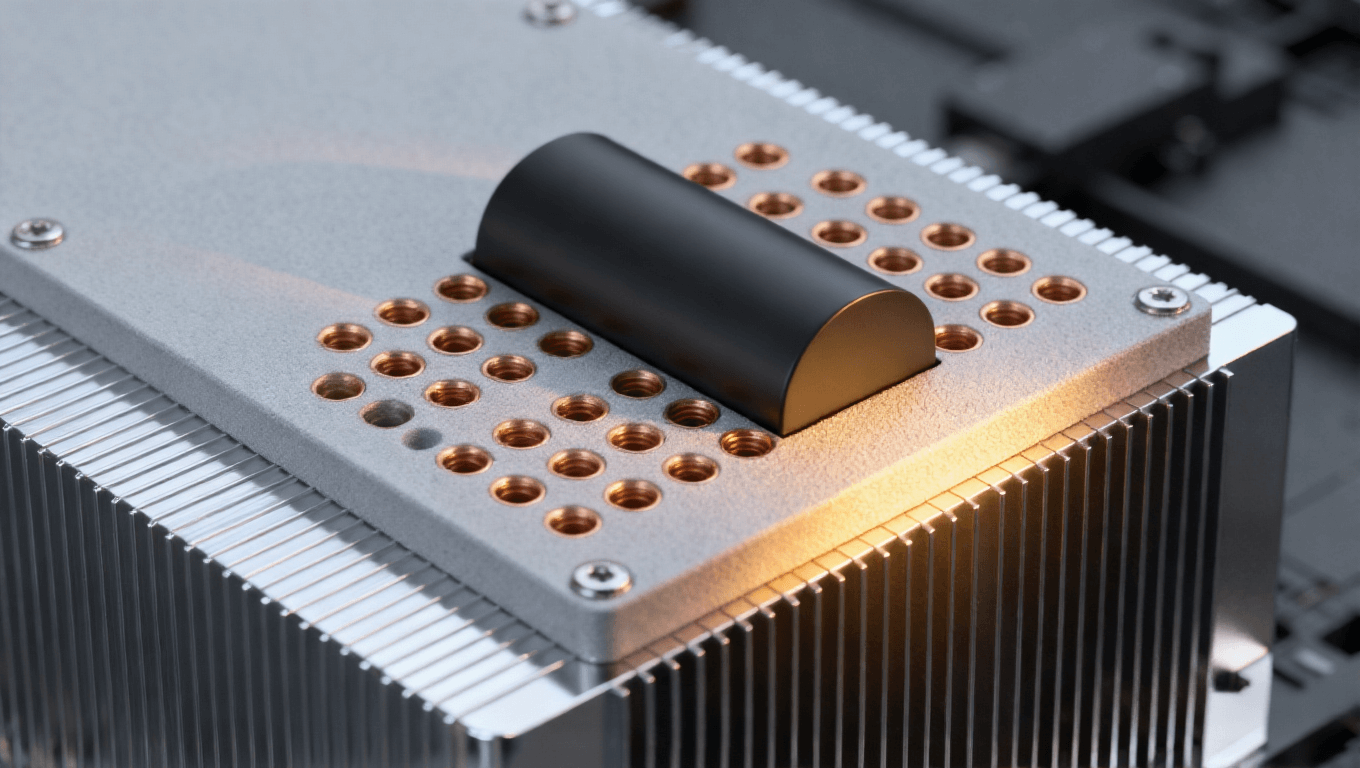 光模塊PCB熱管理結(jié)構(gòu)特寫 嵌入式黑色熱管 銅色散熱孔陣列 銀色散熱片 暖黃側(cè)光 科技感