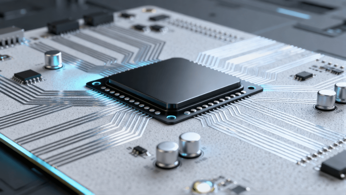 光模塊 PCB 微距特寫 多層結(jié)構(gòu) 銀銅色精密線路 啞光黑熱沉 散熱孔陣列 科技實(shí)驗(yàn)室背景 冷色調(diào)科技感