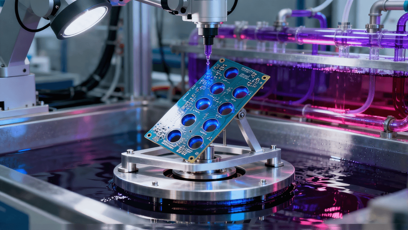 現(xiàn)代化實驗室中的水平電鍍設(shè)備特寫，展示精密PCB電鍍工藝  